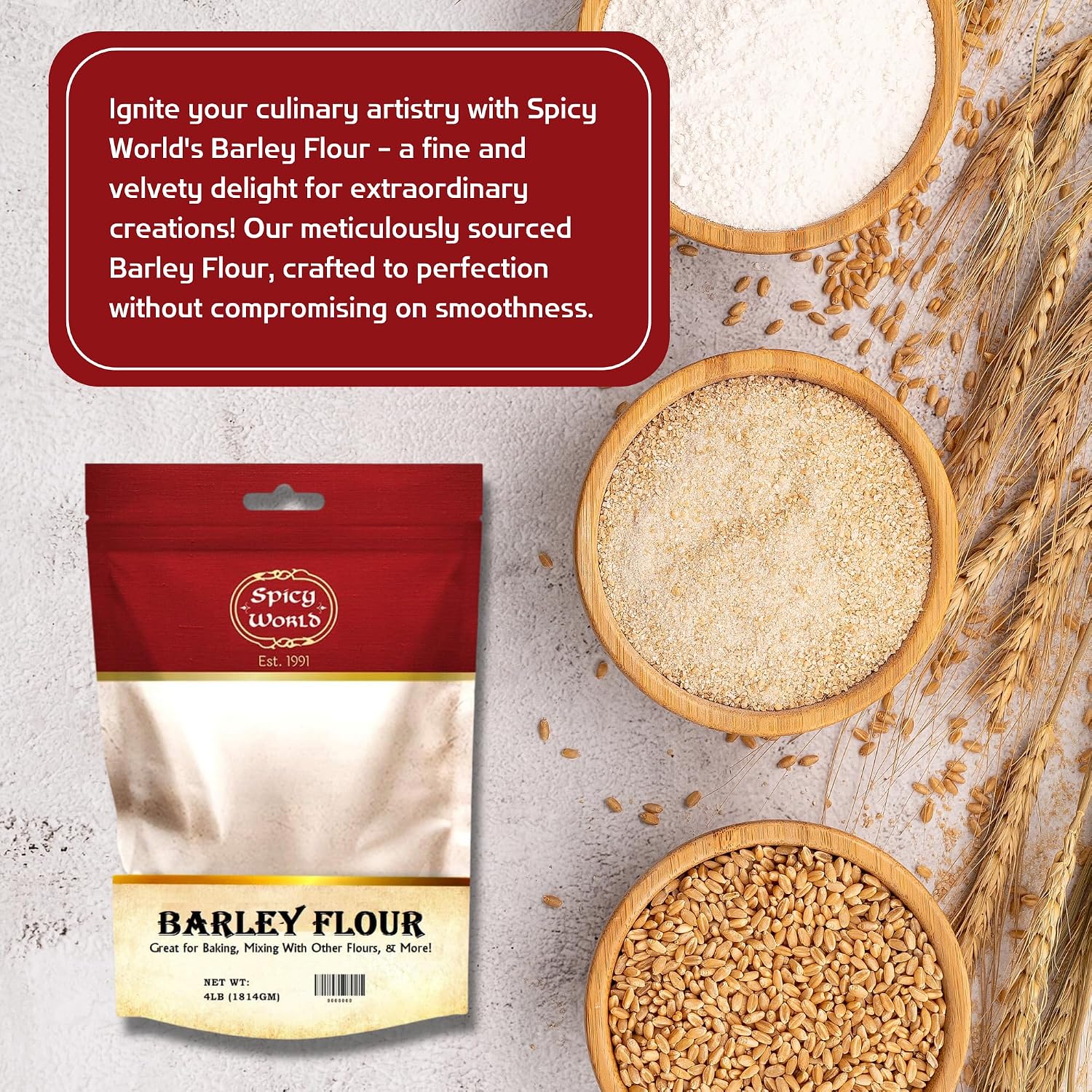 Spicy World Barley Flour - 4 lb (64oz) Bag | All-Natural, Raw, USA Grown | Versatile Barley Grain for Baking, Cooking, and More | Rich Source of Fiber