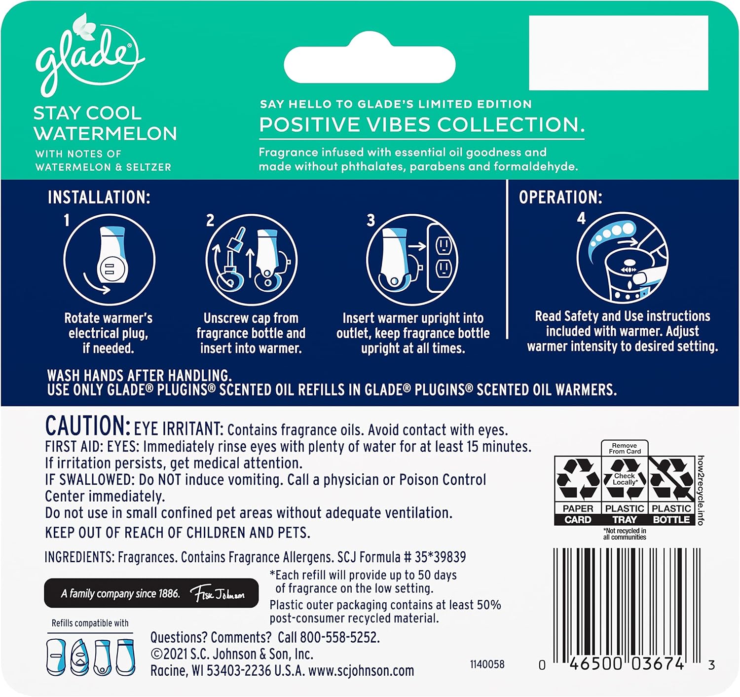 Glade PlugIns Refills Air Freshener, Scented and Essential Oils for Home and Bathroom, Stay Cool Watermelon, 3.35 Fl Oz, 5 Count
