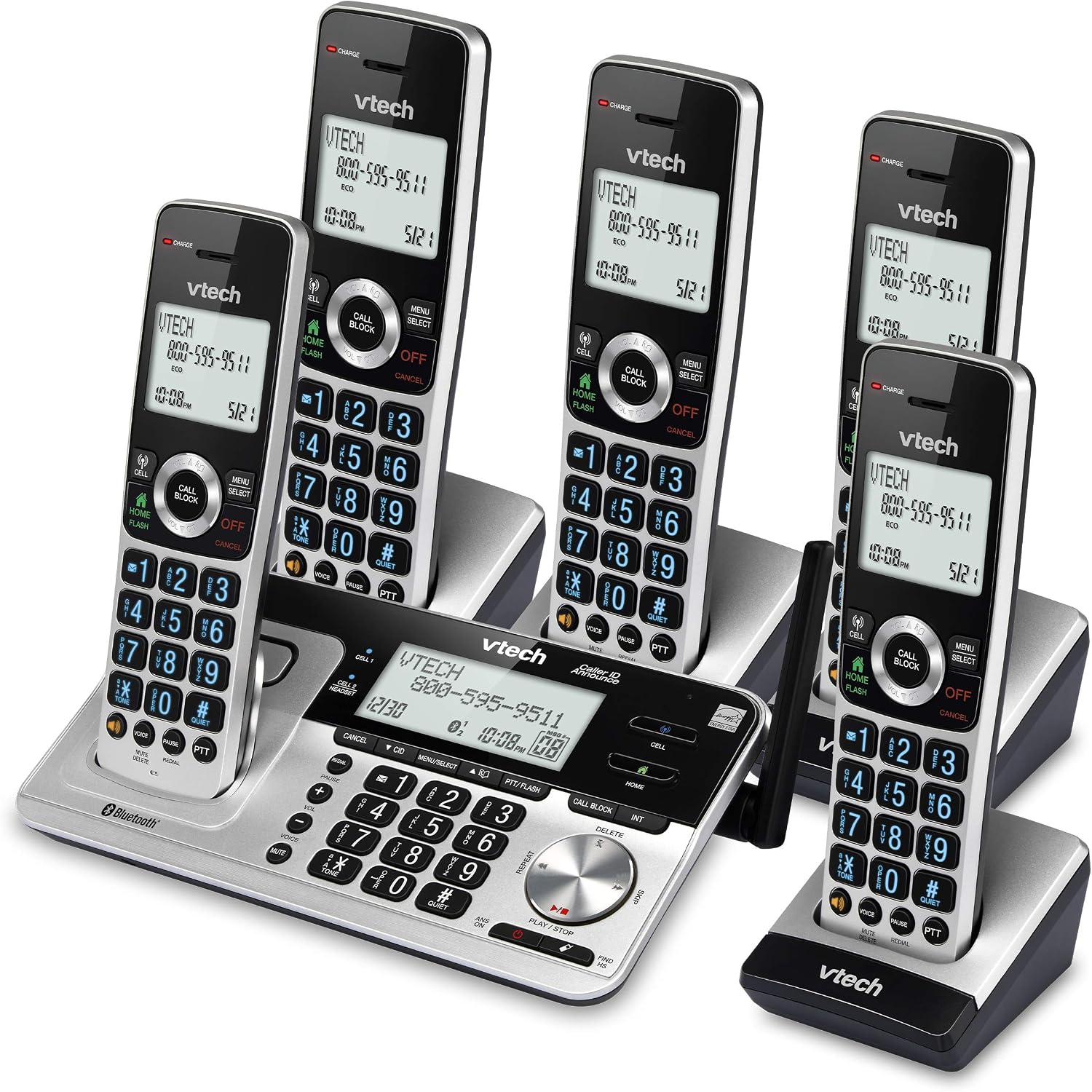 VTech VS113-5 Extended Range 5 Handset Cordless Phone for Home with Call Blocking, Connect to Cell Bluetooth, 2" Backlit Screen, Big Buttons