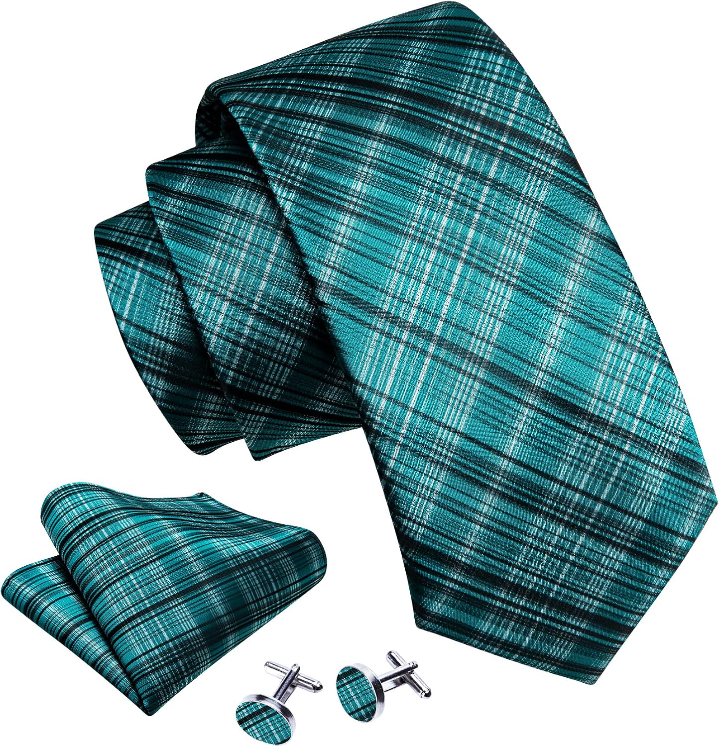 Barry.Wang Plaid Ties for Men Silk Necktie Handkerchief Cuff Links Set
