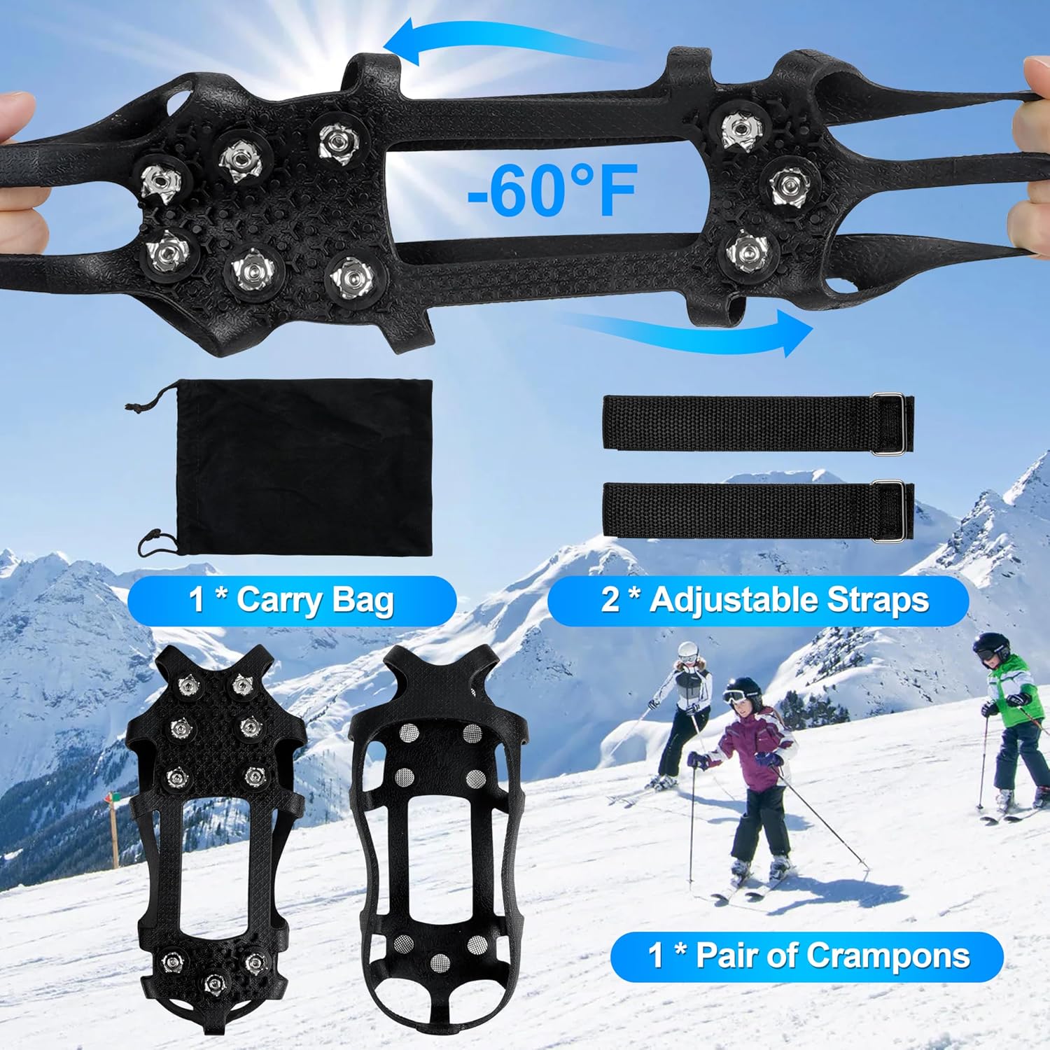 Ice Cleats for Shoes and Boots Crampons Snow Traction Cleats Anti Slip Overshoe 9 Steel Studs Shoe Grippers Slip-on Stretch Footwear for Women Men Kids Winter Hiking Climbing