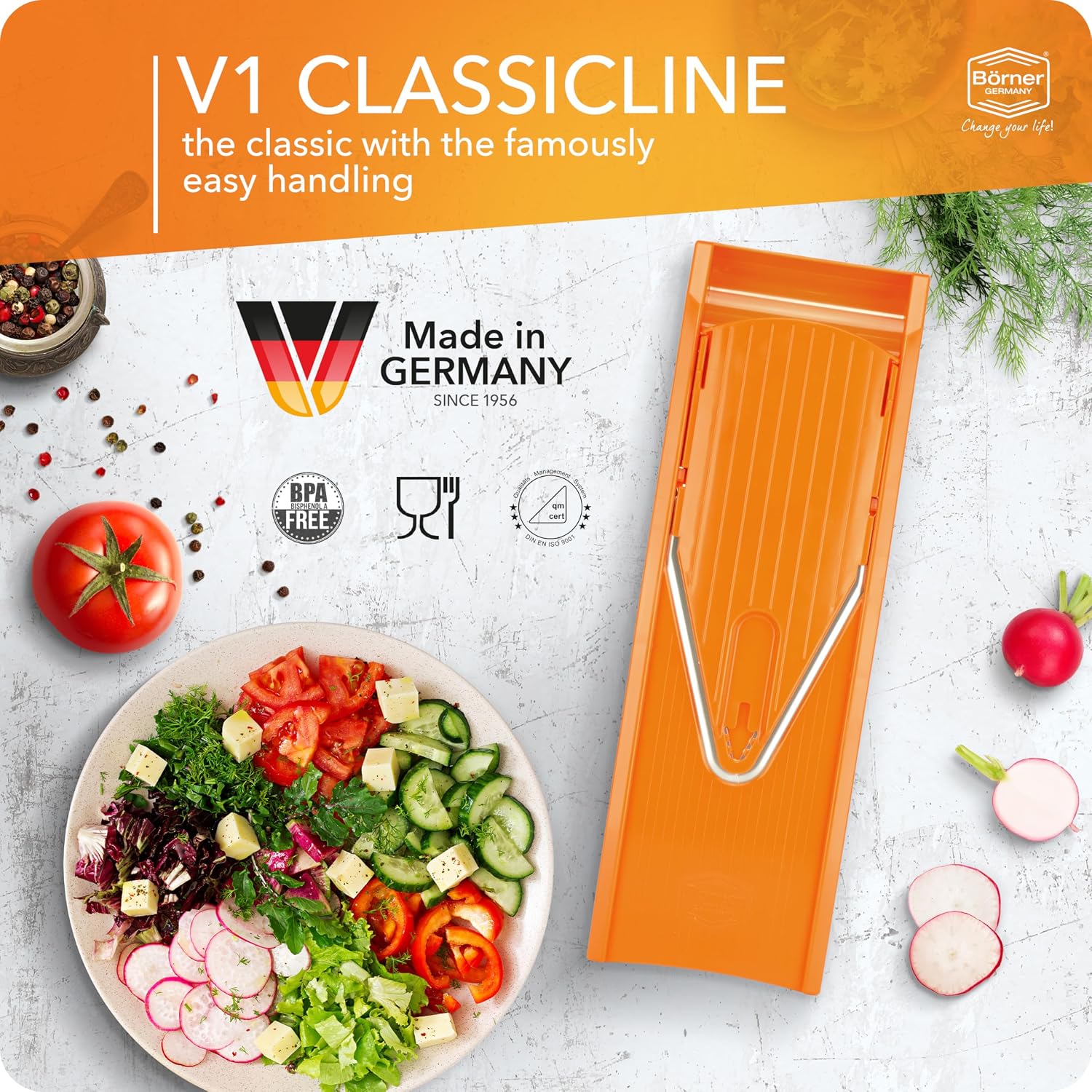 BORNER V Mandoline Slicer Kitchen V1 ClassicLine Starter Set | Vegetable Grater Börner - Quality Made in Germany, Color:Orange