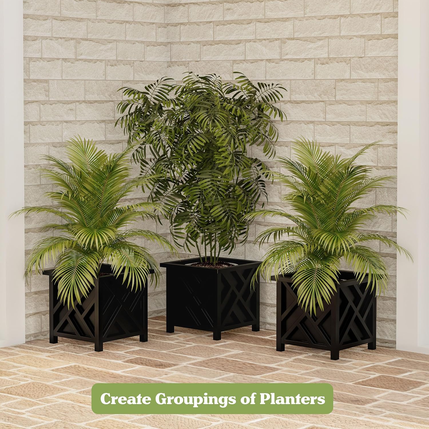 Lattice Design Outdoor Planter Box - 14.75” Square 13” Tall Black Plant Pot - Decorative Plant Pots for Front Porch Decor - Flower Pots Outdoor