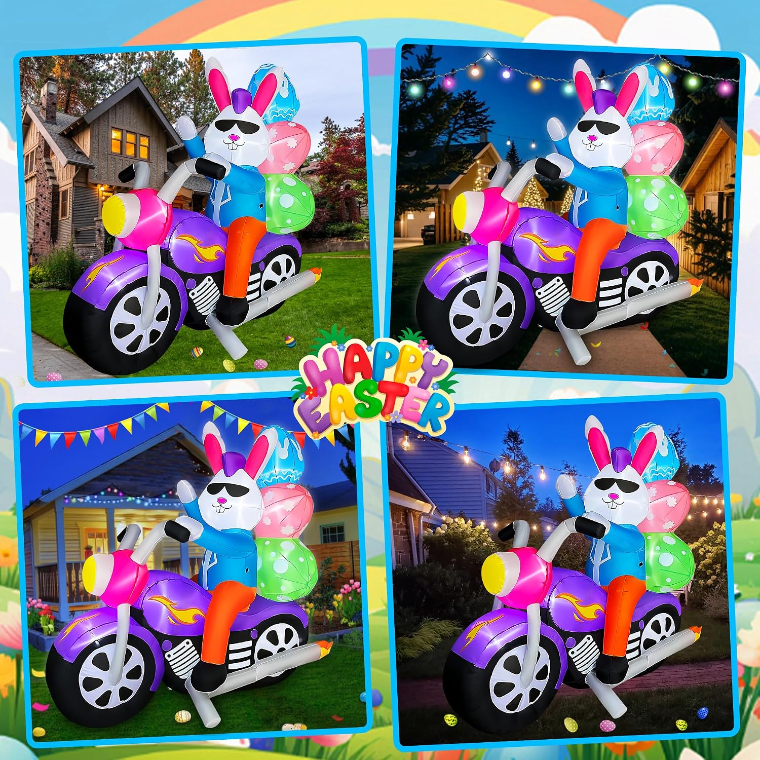 SEASONBLOW 6 FT Easter Inflatable Bunny on Motorcycle with Eggs Decorations Light Blow Up Rabbit for Yard Lawn Garden Home Outdoor Indoor Holiday