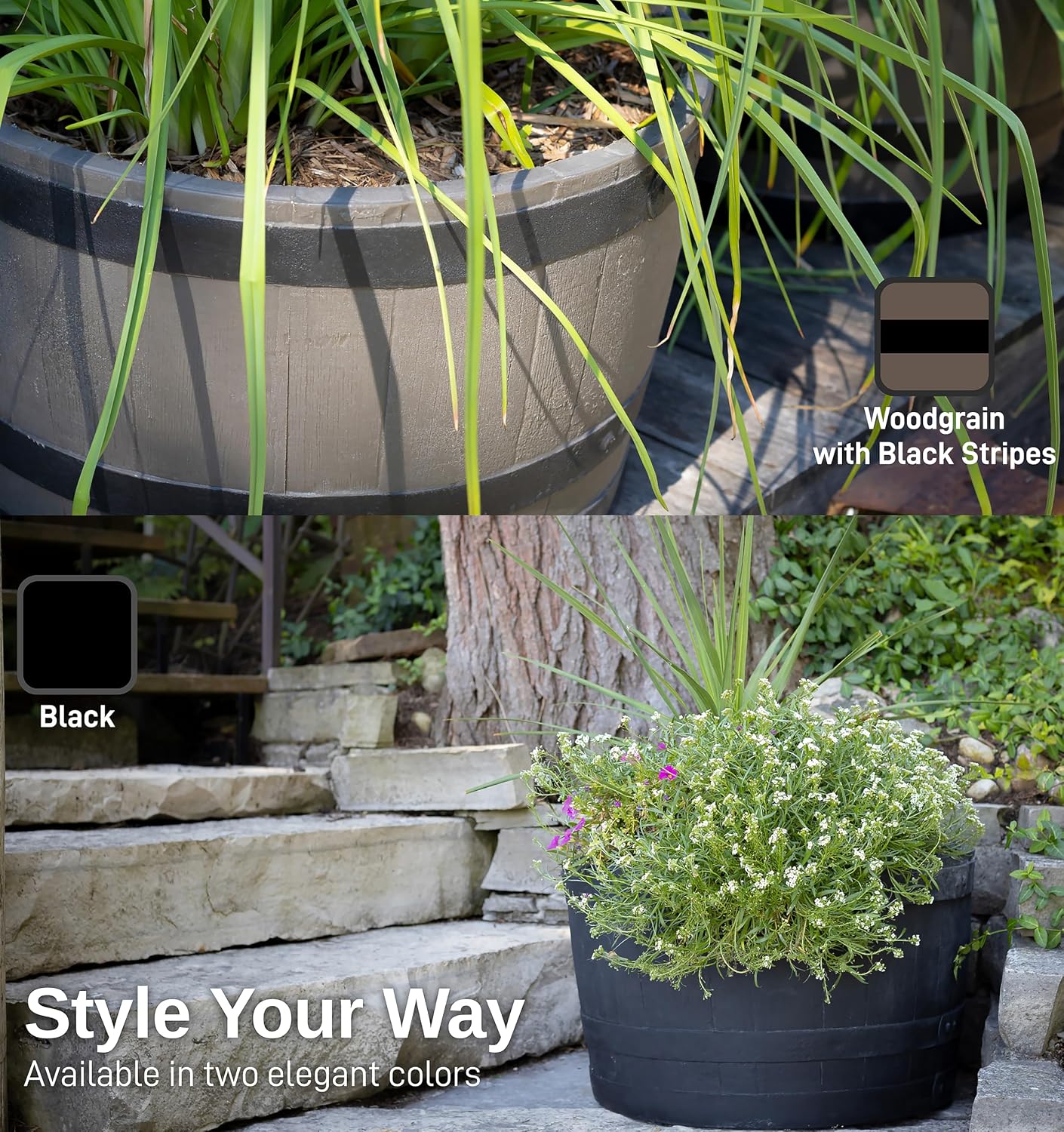 RTS Companies Home Accents 24" Whiskey Barrel Planter, Durable Polyethylene Indoor/Outdoor Flower Pot, Weather-Resistant Plastic Garden Planter, Black, 1-Pack