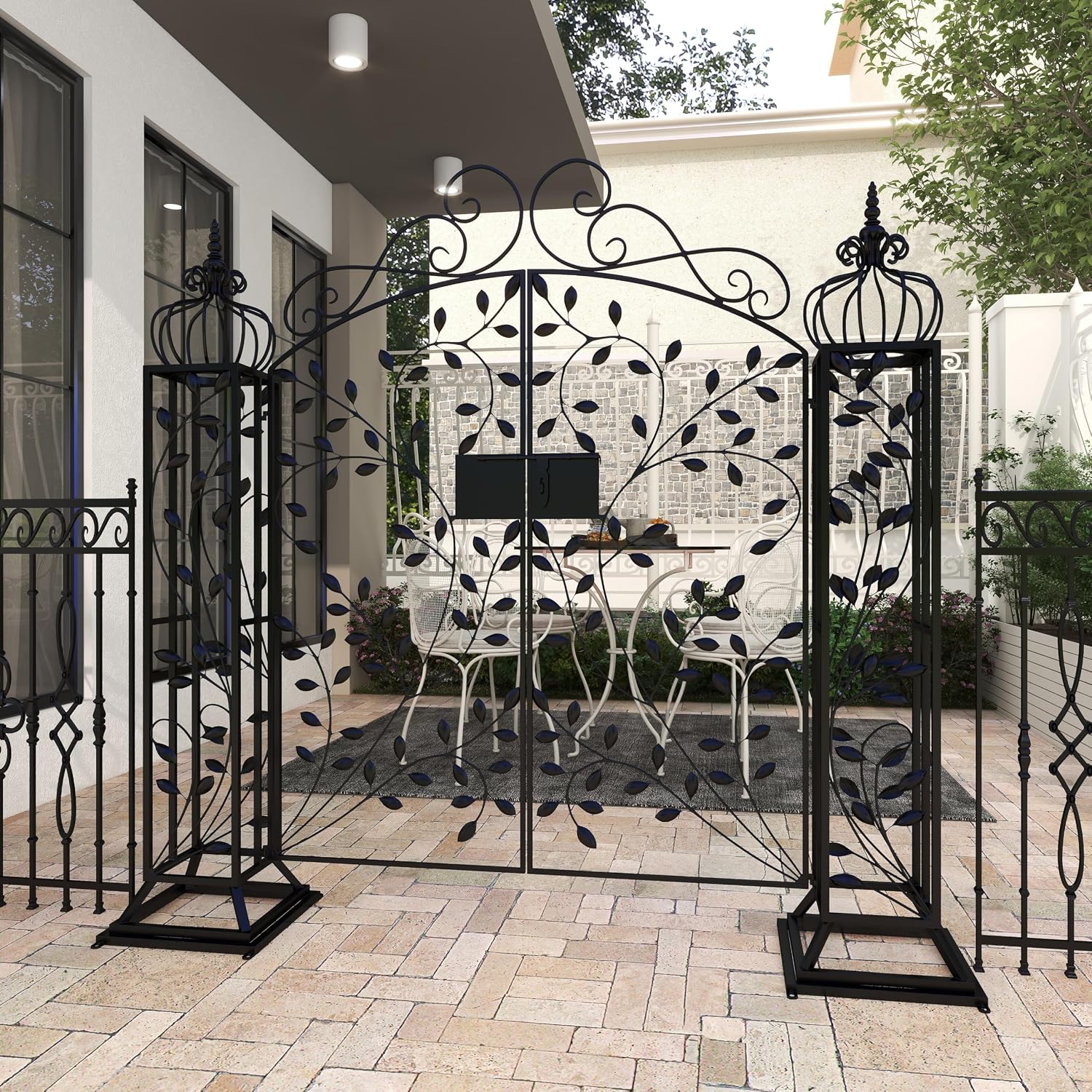 Deco 79 Metal Indoor Outdoor Garden Arbor, 78" x 14" x 94", Matte Bronze | Elevate patios and gardens, metal garden arch trellis, metal trellis for climbing plants outdoor, double doors, scroll latch