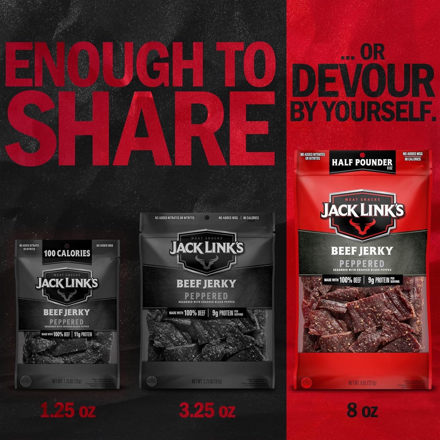 Jack Link's Peppered Beef Jerky Half Pounder - 8 oz Large Jerky Bag - Ready to Eat Real Meat Protein Snacks - 9g Protein per Serving - Made with 100% Real Beef | Large Jerky Bag - Ready to Eat Real Meat Protein Snacks - 9g Protein per Serving - Made with…
