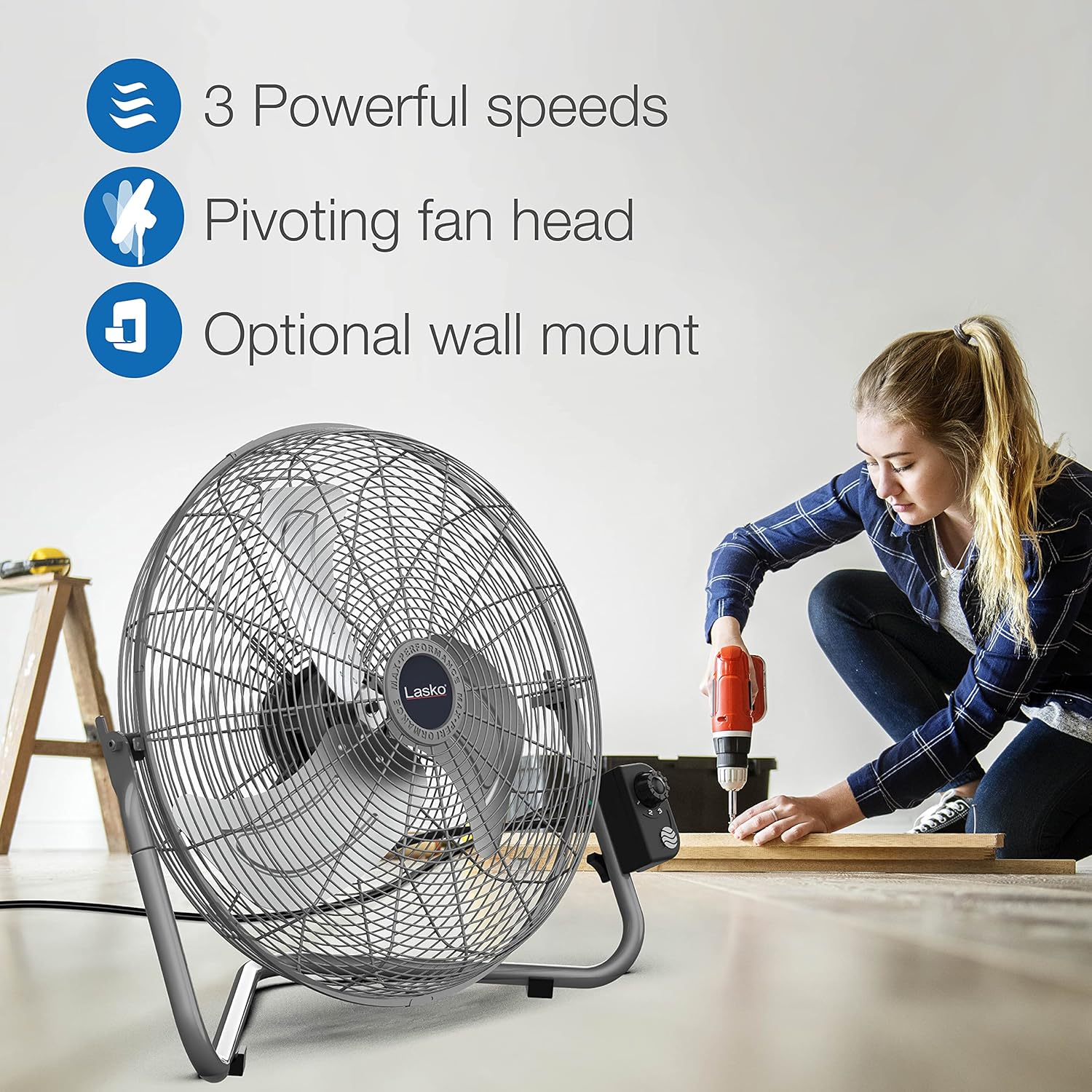 Lasko 20" Black High Velocity Wall Mount Fan with Pivoting Head - 3 Speeds, Ideal Wall Mount Fan or Floor Fans for Home, Garage, Attic, 2264QM