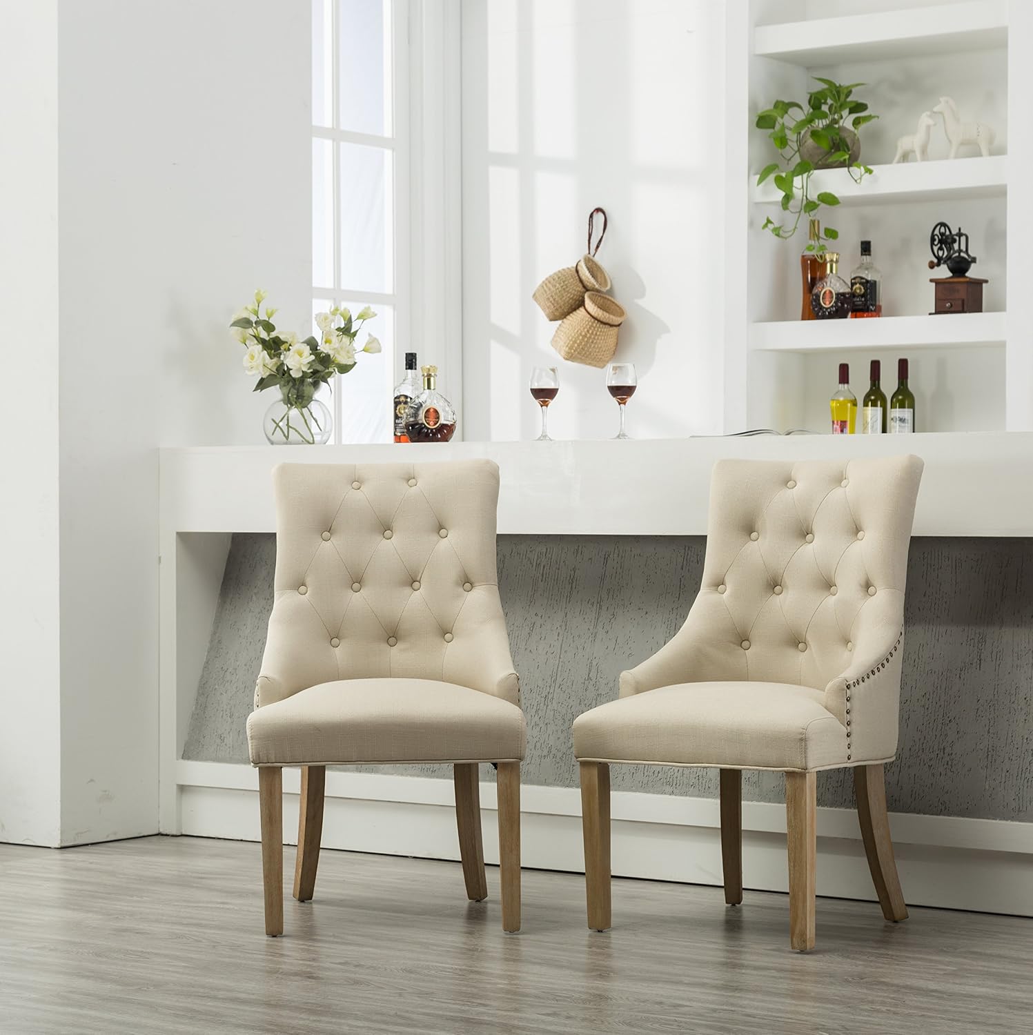 Roundhill Furniture Button Tufted Solid Wood Wingback Hostess Chairs with Nail Heads, Set of 2, Tan, White, "Tan, 24D x 22W x 39H in
