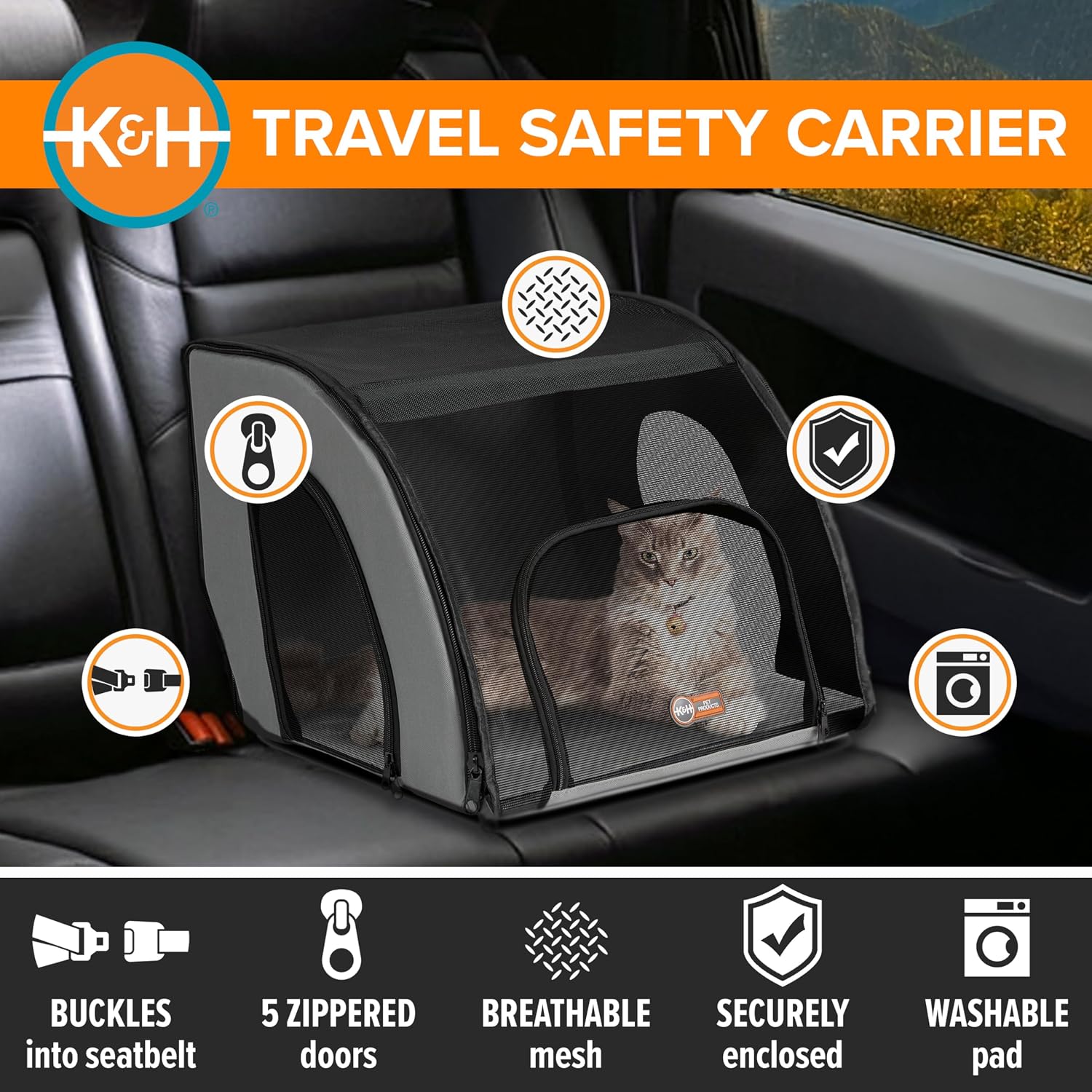 K&H Dog Car Seat, Travel Safety Carrier for Pets, Medium, Gray/Black | Enclosed Car Seat for Dogs, Soft-Sided Covered Pet Carrier, Washable Pad, Multiple Entrances, Mesh Windows, 24x19x17in