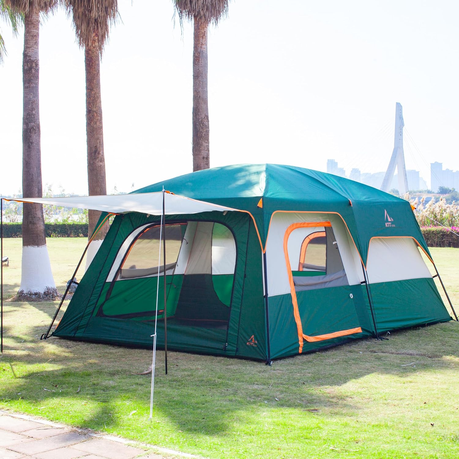KTT Extra Large Tent 12-14 Person, Family Cabin Tents, 2 Rooms, Straight Wall, 2 Doors 4 Windows with Mesh, Waterproof, Double Layer