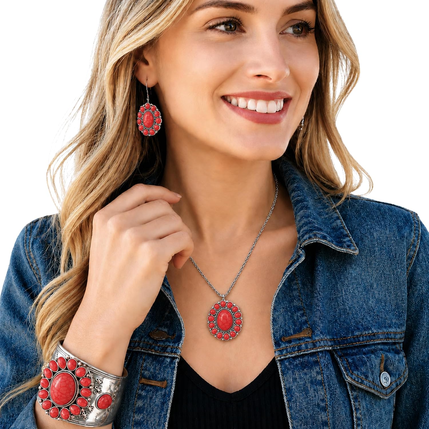 Shop LC Howlite Western Jewelry Set for Women Boho Cowgirl | 3-Piece Necklace Bracelet Earrings, Turquoise-Inspired, Chunky Statement, Southwestern