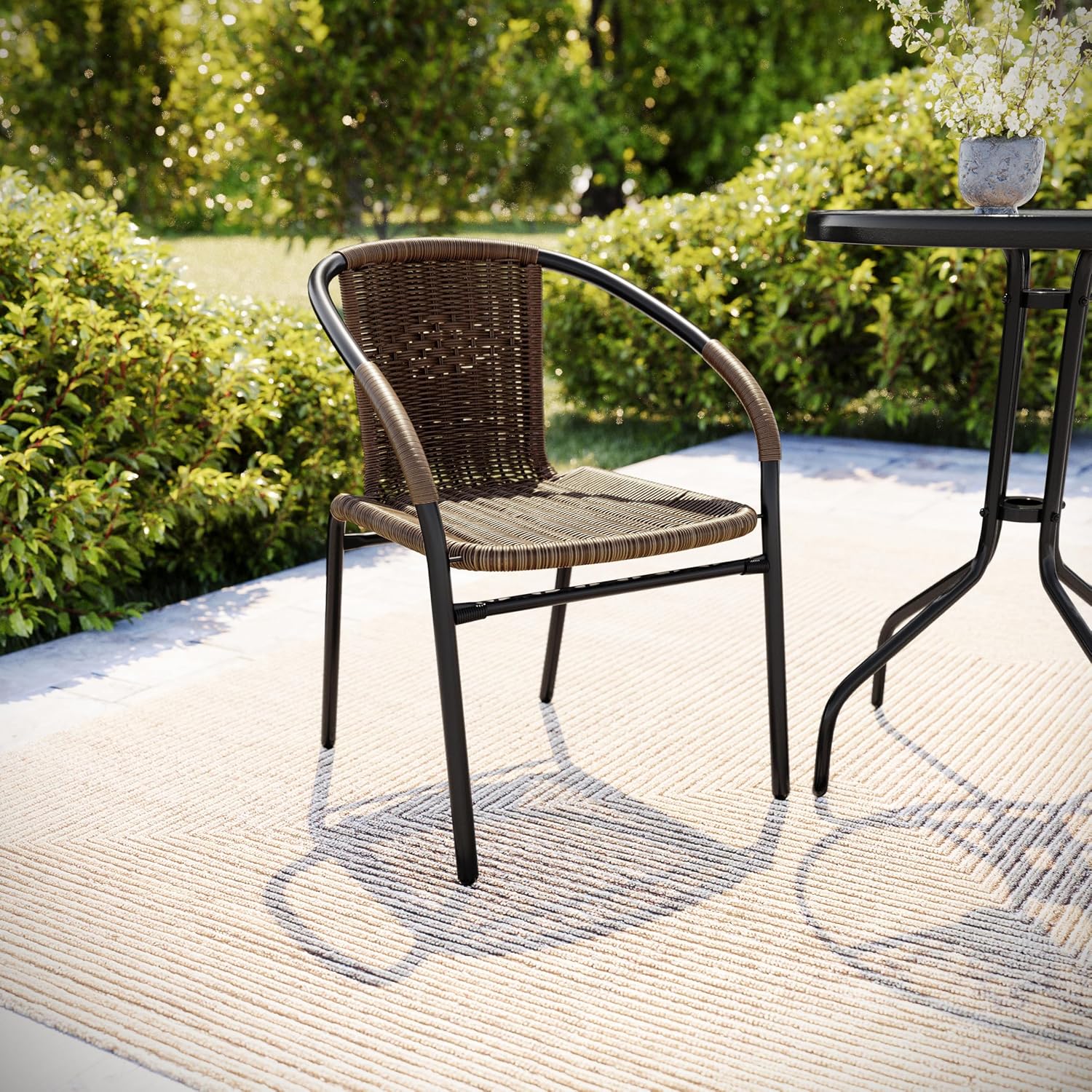 Flash Furniture Lila Modern Rattan Indoor/Outdoor Stackable Dining Chairs, Stacking Rattan Bistro Chairs for Patio or Restaurant, Set of 4, Brown | Commercial Grade, Indoor/Outdoor Use