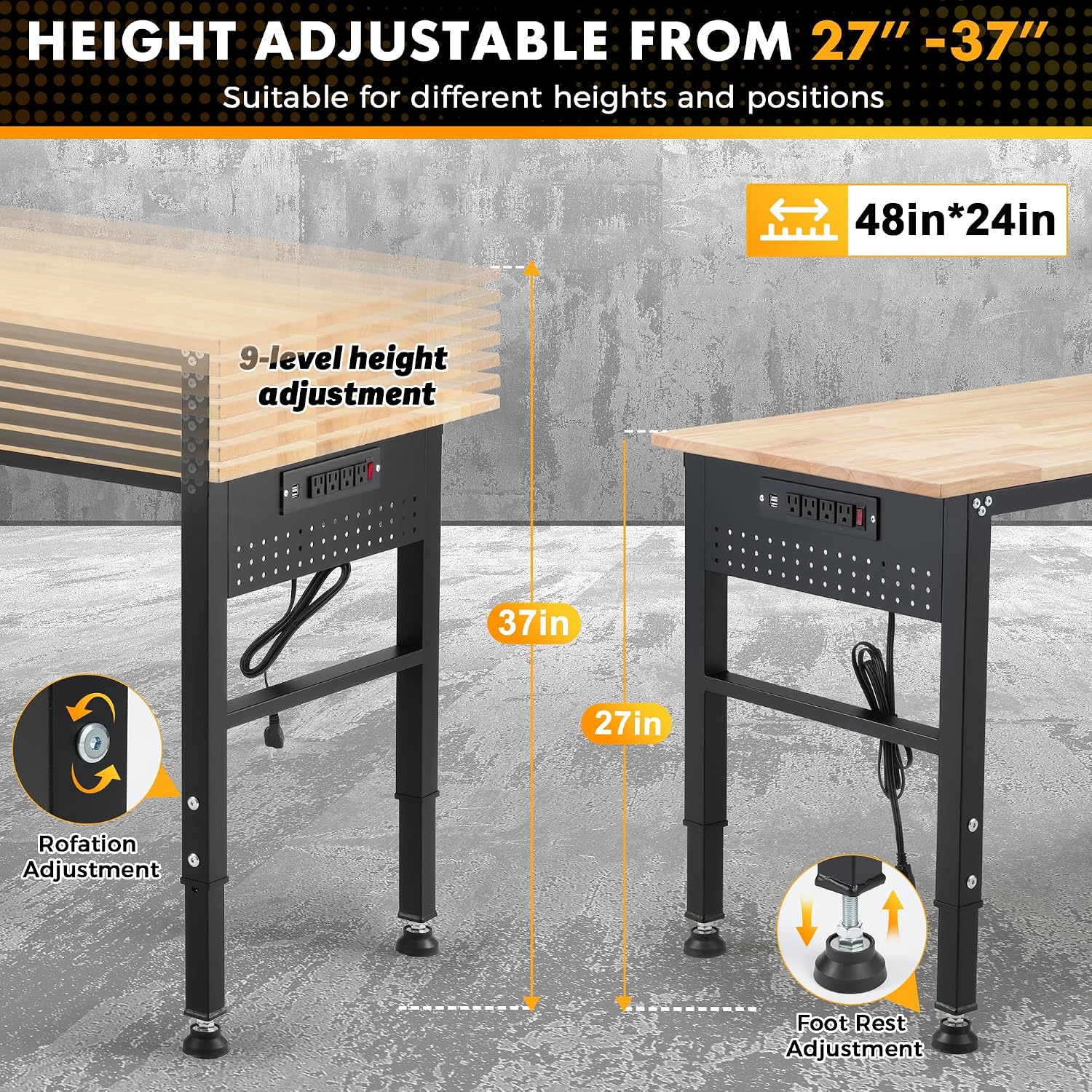 48" Adjustable Rubberwood Workbench with Foldable Extension Board & Power Outlet, Extra Large 48x32In 9-Level Height 27"-37", 2000 LBS Heavy Duty for Workshop Garage Office Home