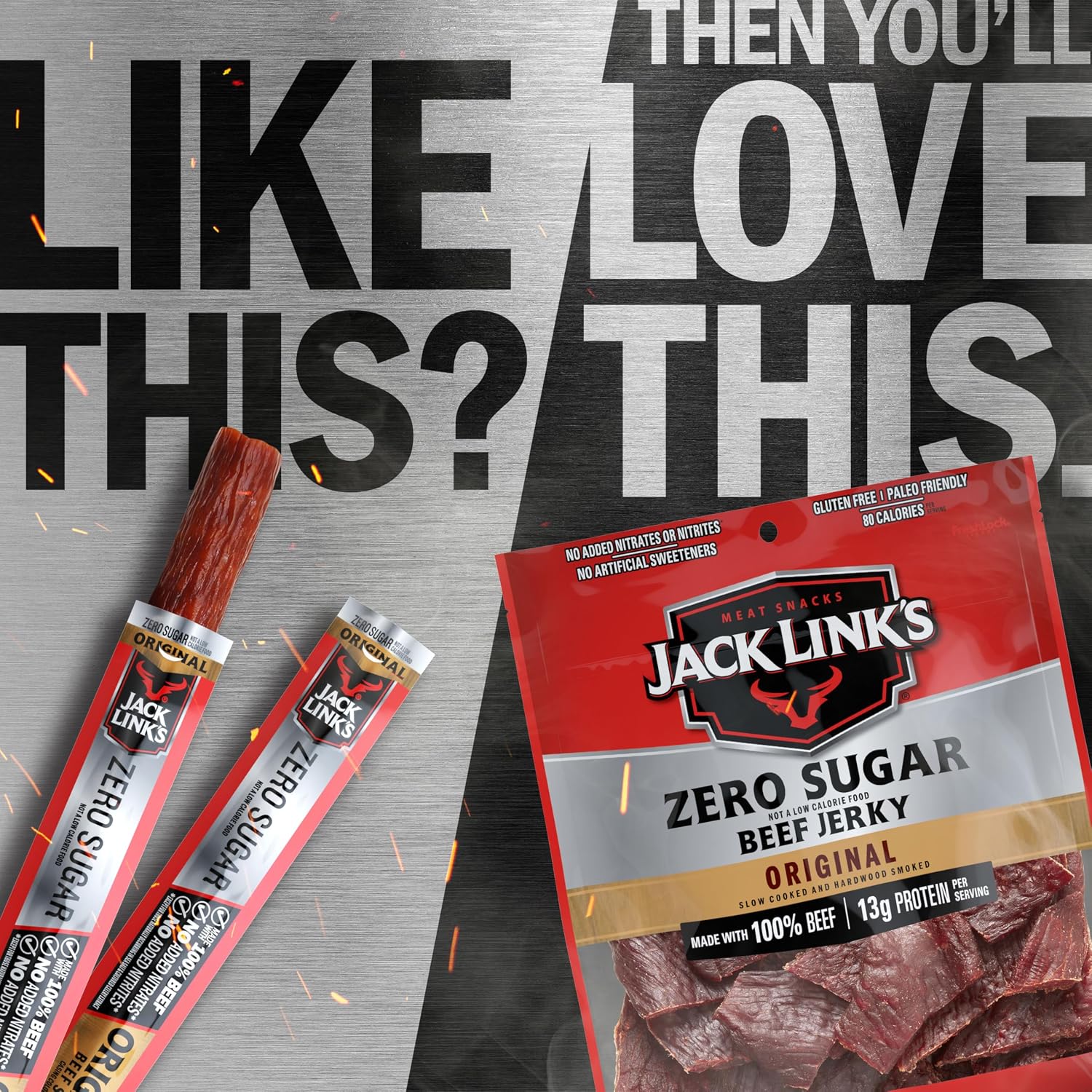 Jack Link's Original Beef Jerky Sticks - Made with 100% Real Beef - Ready to Eat Real Meat Protein Snacks - 6g Protein per Serving - 0.92 oz Meat Stick, 20 Count