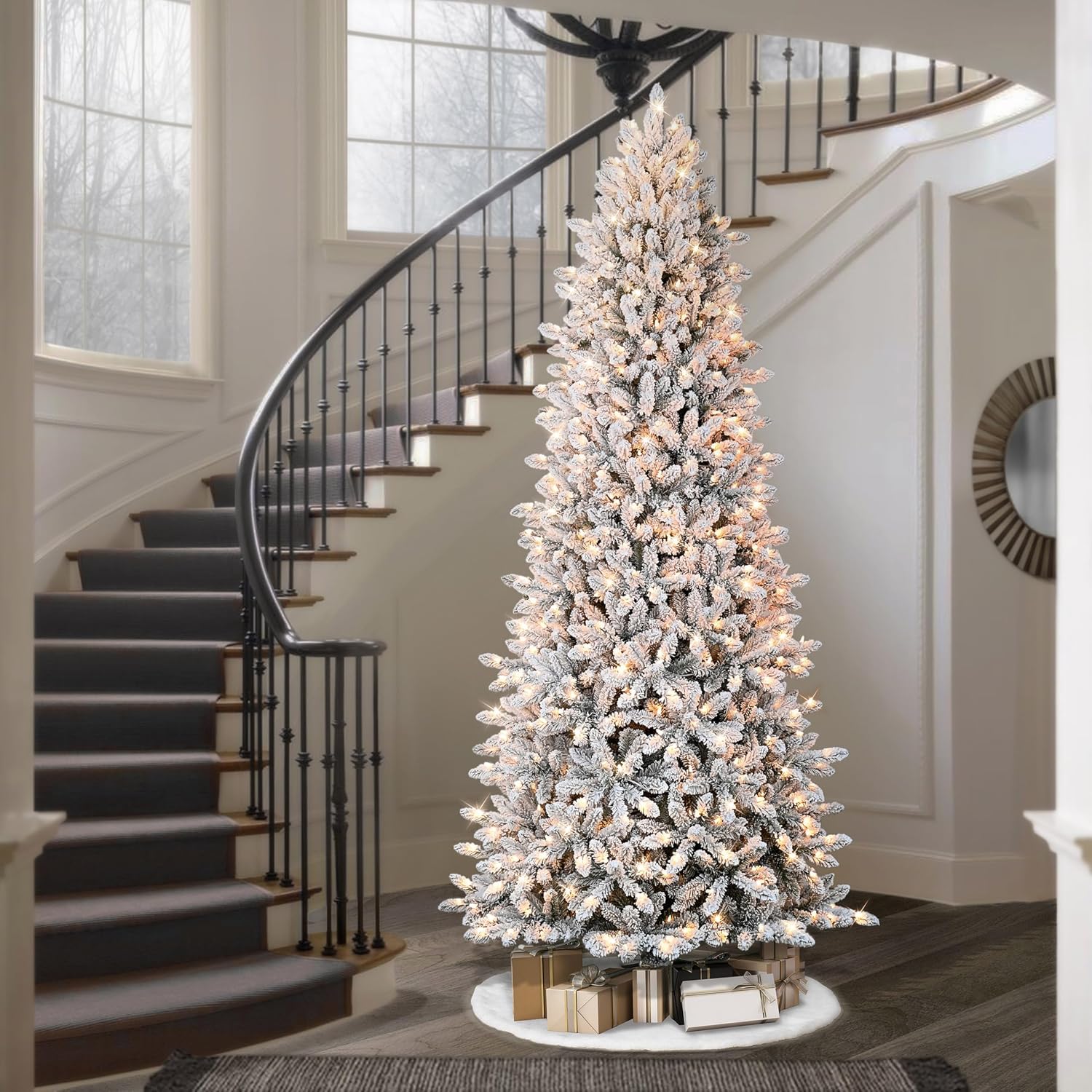 Puleo International 7.5 Foot Pre-Lit Slim Flocked Fraser Fir Artificial Christmas Tree with 500 UL Listed Clear Lights
