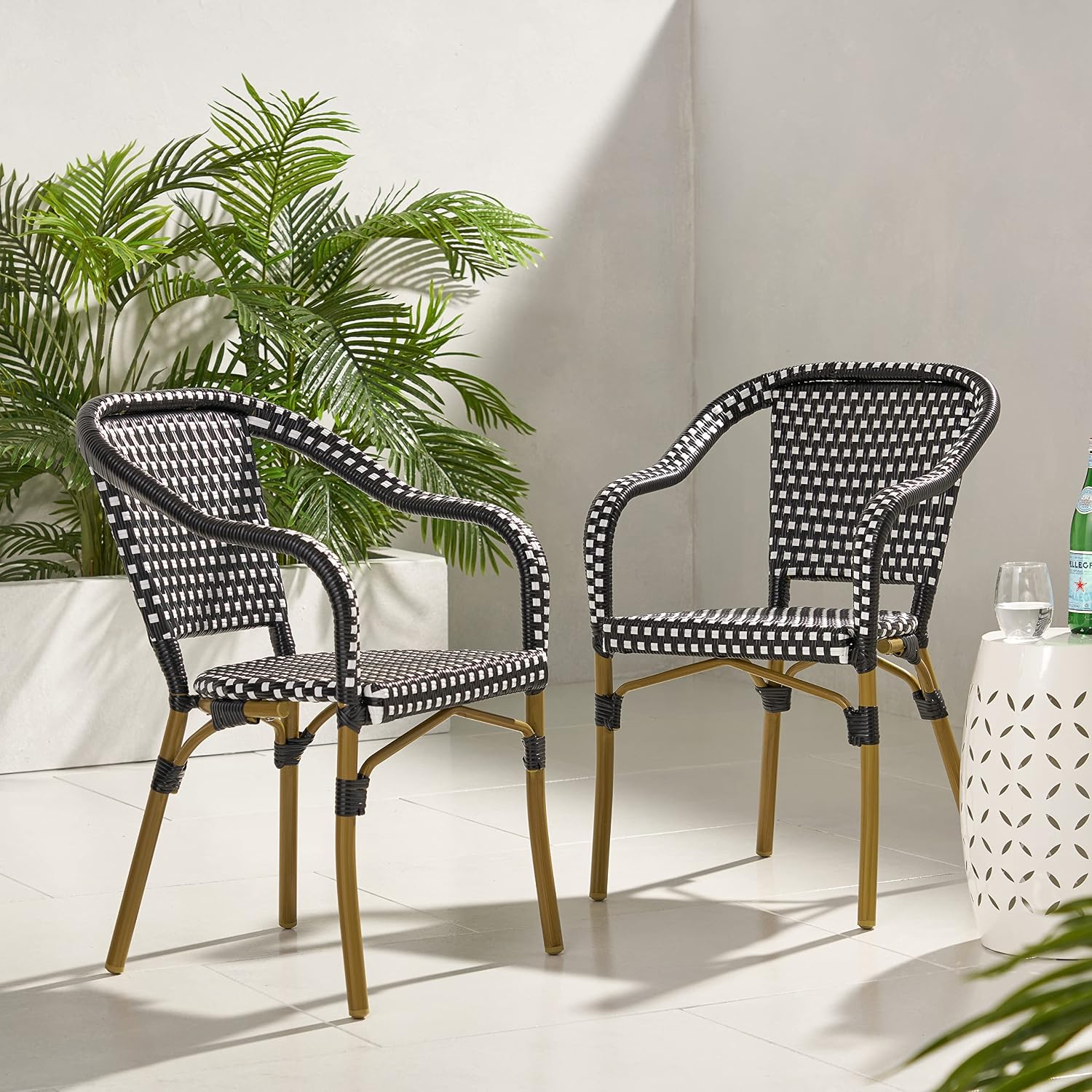 Christopher Knight Home Anastasia Outdoor French Bistro Chair (Set of 2), Black + White + Bamboo Print Finish