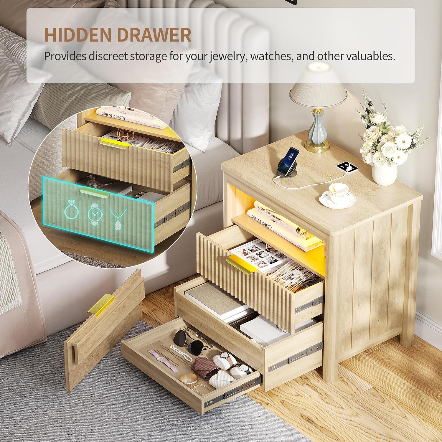 Farmhouse Nightstand with Lockable Hidden Drawer, Human Sensor LED Bedside Table with LED Lights & Charging Station, Rustic Wood Sofa Side End Table with 3 Drawers for Bedroom (Black)