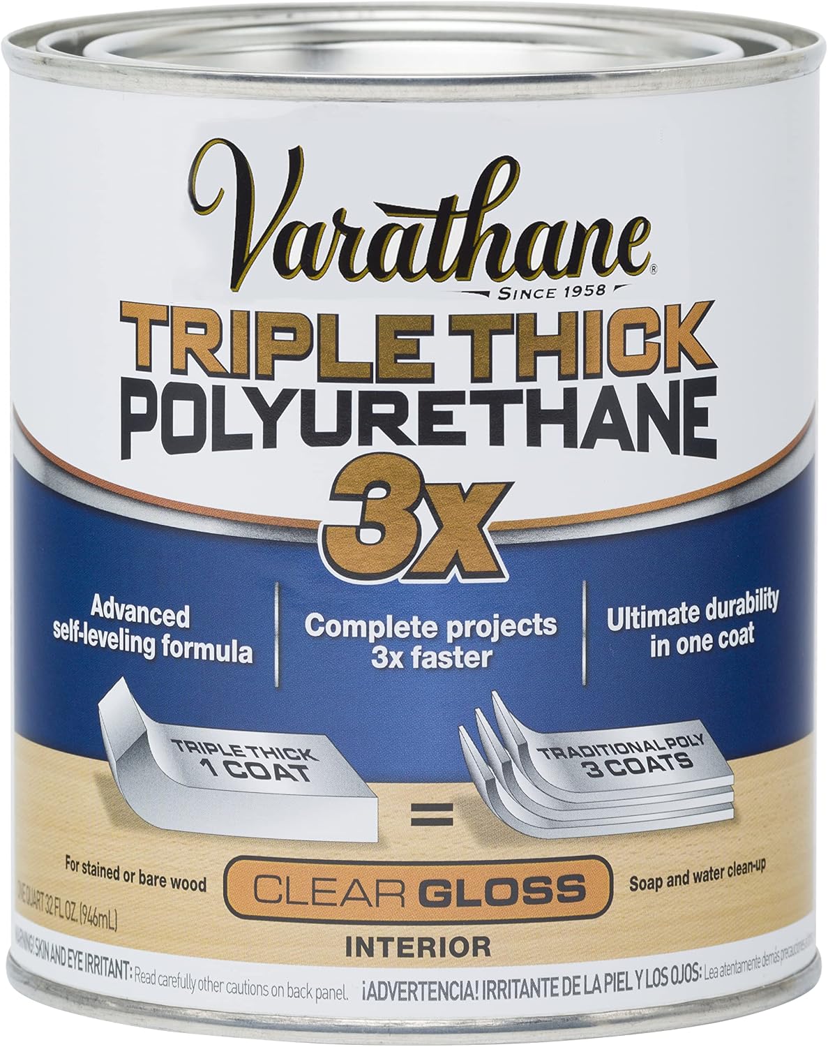 Varathane Triple Thick Polyurethane Gloss Wood Finish | One Coat Protection, Self-Leveling Formula, Scratch And Stain Resistance, Crystal Clear Finish, Quart