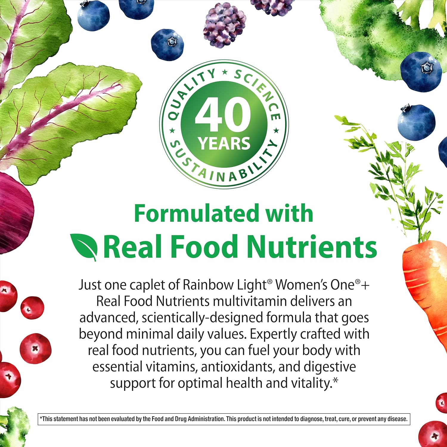 Rainbow Light Womens Multivitamin One + | 60 Caplets | Supports Energy & Antioxidant Health | Real Food Nutrients, Digestive Enzymes & Probiotics