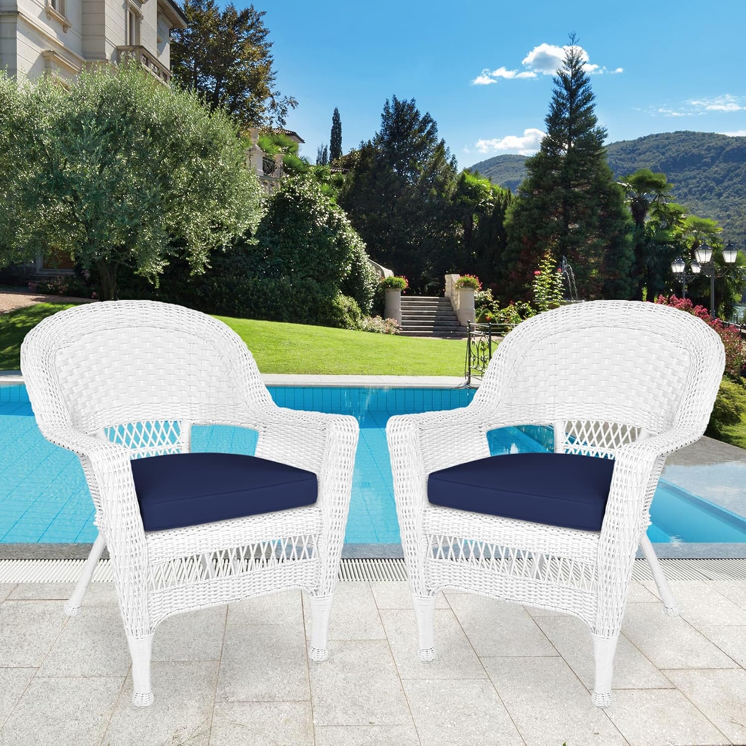 Jeco Wicker Chair with Blue Cushion, Set of 2, White/W00206-