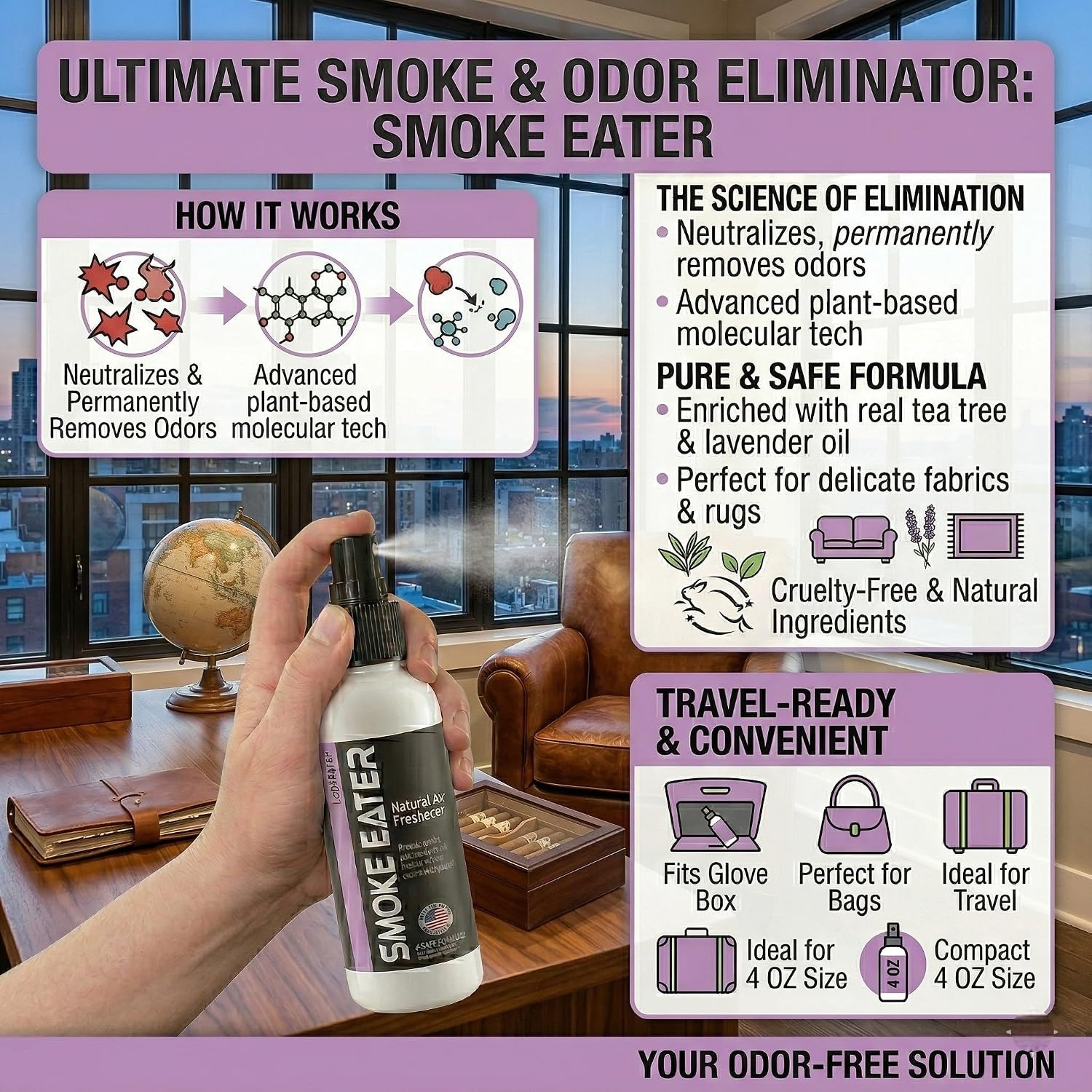 Smoke Eater Odor Eliminator Spray & Air Freshener, Lavender, 4 oz | Cigarette, Cigar, Cannabis & Tobacco, For Car, Home, Clothes, Travel Size, Tea Tree Oil Formula, Non-Aerosol Pump Spray