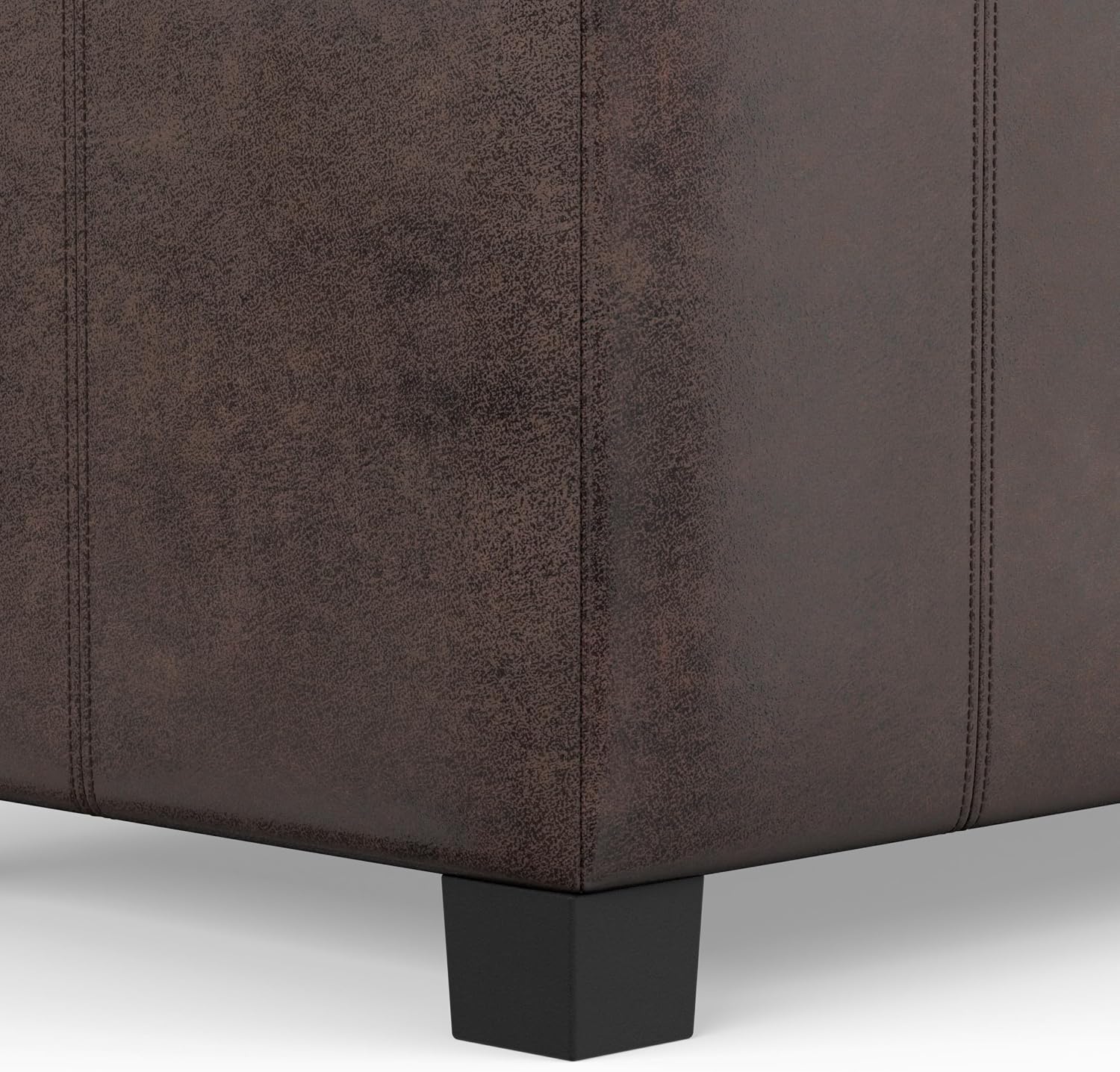 SIMPLIHOME Dover 36" Wide Vegan Leather Storage Ottoman in Midnight Black | Distressed umber brown, contemporary ottoman with lift-top and safety hinges; rectangle storage bench for living room.