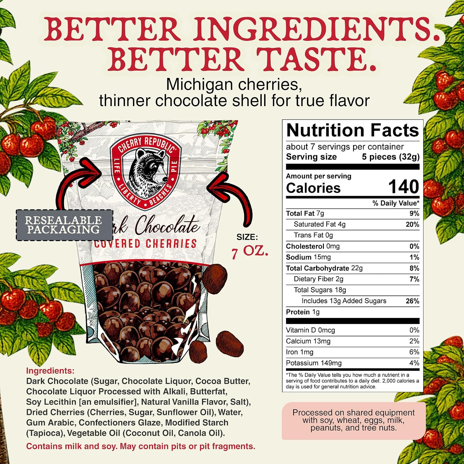 Cherry Republic Dark Chocolate Covered Cherries, 7 oz Bag | Premium Montmorency Dried Cherries Coated in Rich 60 Percent Dark Chocolate, Balanced Tart and Sweet Flavor, Made in Michigan