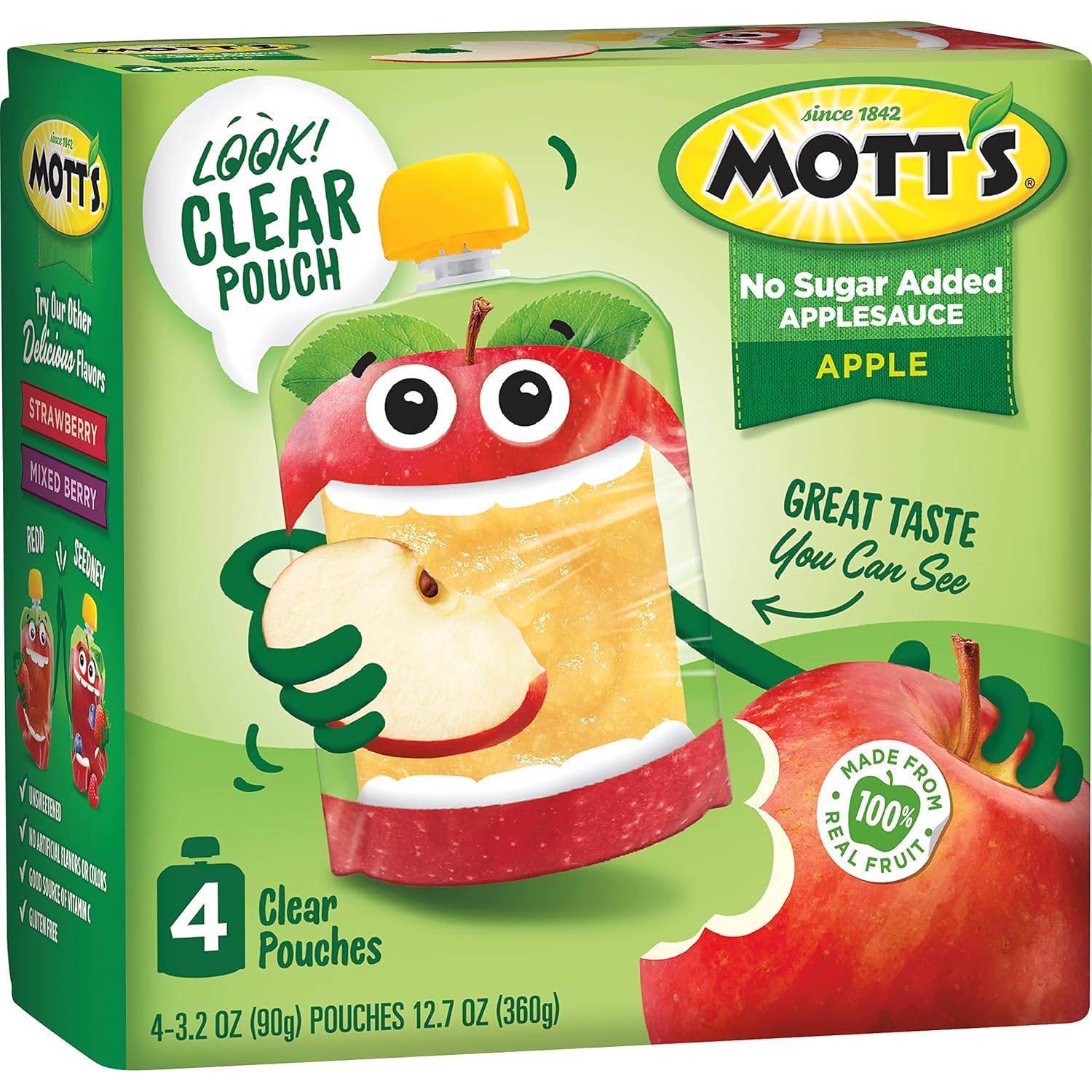 Mott's No Sugar Added Strawberry Applesauce, 3.2 Oz Clear Pouches, 48 Count (4 Packs Of 12), Good Source Of Vitamin C, No Artificial Flavors