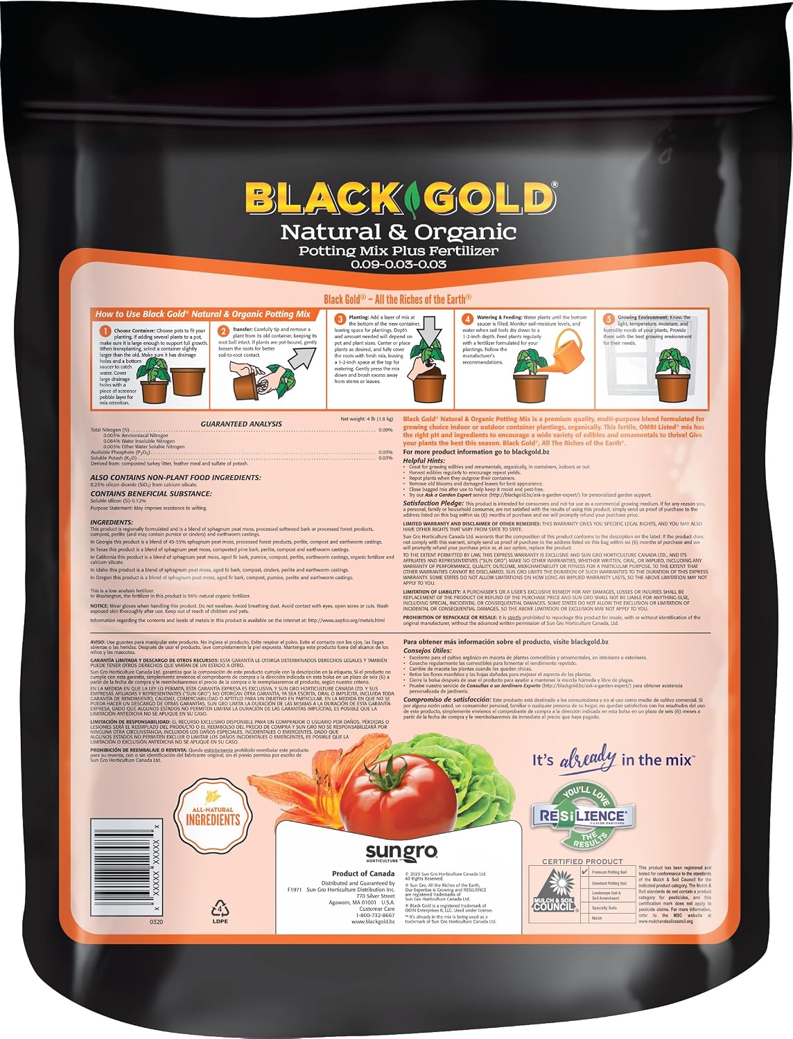 SunGro Horticulture Potting Mix - Natural & Organic, Black Gold - 8qt - Earthworm Castings, Perlite