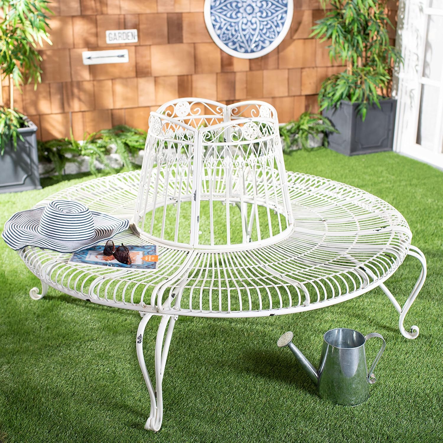 SAFAVIEH Outdoor - Ally Iron Tree Bench - Rustic Brown Iron Metal - Curved Scrollwork Garden Design - Ideal for Patio, Deck, Porch, Garden, 17.5" Seat Height (PAT5019A)