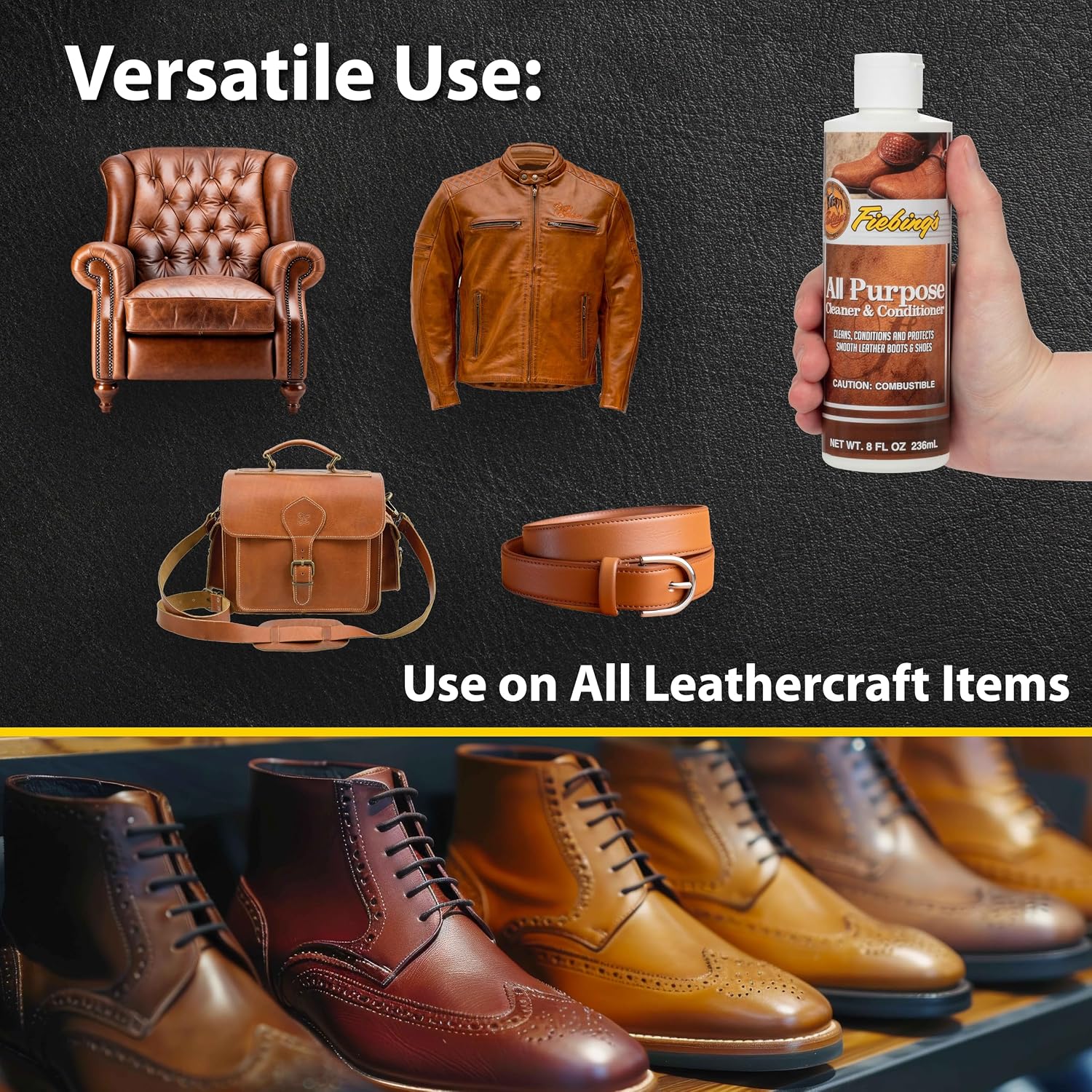Fiebing's Leather Cleaner & Conditioner (8 oz) - All Purpose Wax-Free Color Safe Formula Protects & Strengthens All Leather - Prevents Molding