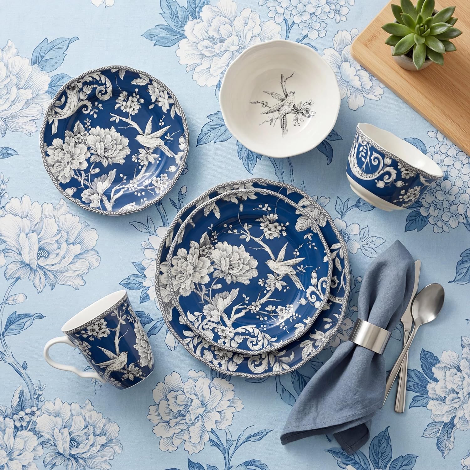 222 Fifth Adelaide 16-Piece Black Porcelain Dinnerware Set – Service for 4, Featuring Hand-Applied Romantic Woodland Bird Design