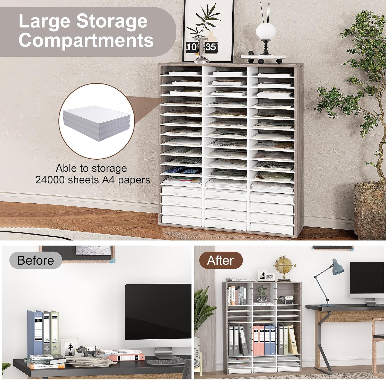 EasyPAG 12 Compartments Wooden Literature Organizer with Adjustable Shelves, 6000 Sheets Capacity Paper Organizer