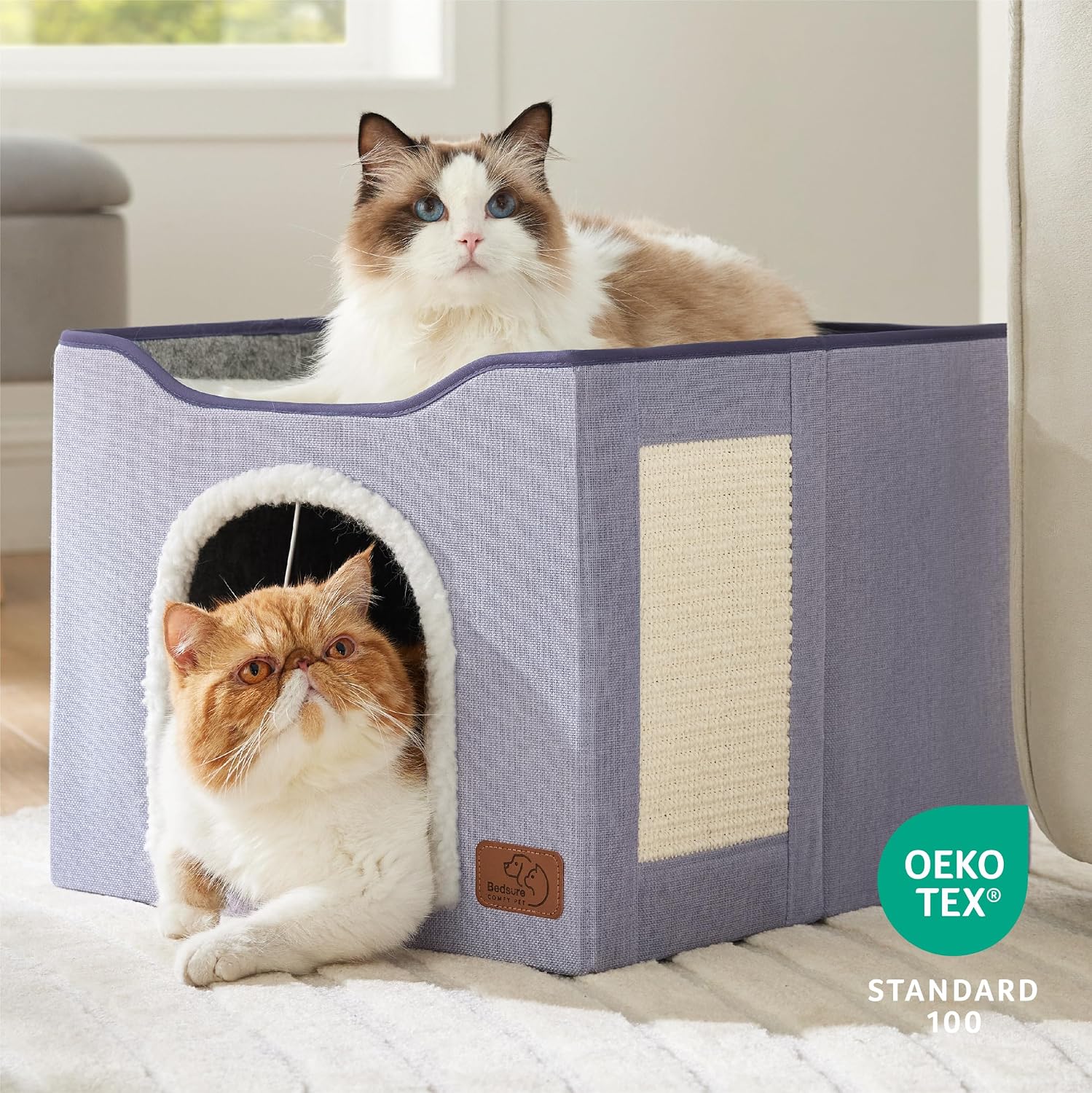 Bedsure Cat House Bed for Indoor Cats with Fluffy Ball and Scratch Pad,Grey