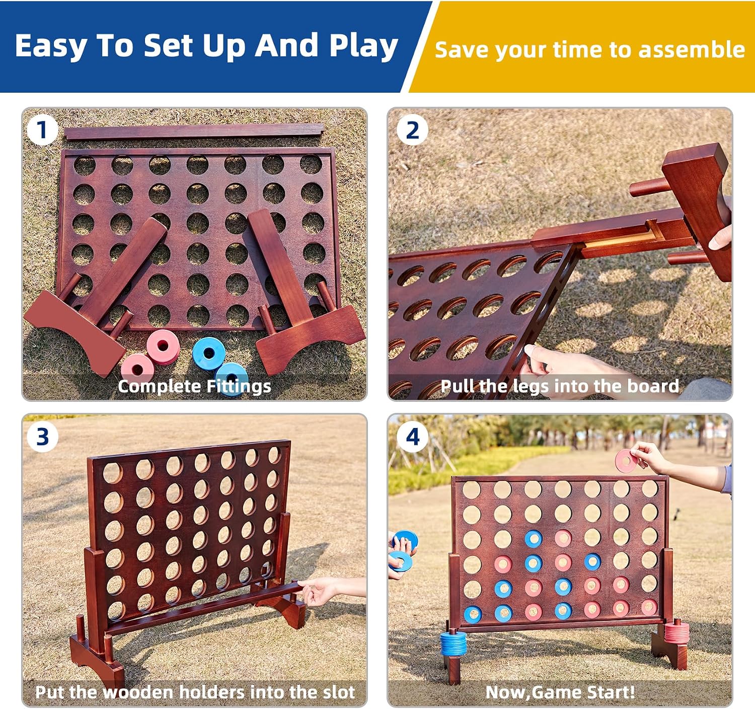 Giant 4 in a Row Game, Wooden 2.8Ft Outdoor Yard Game for Family