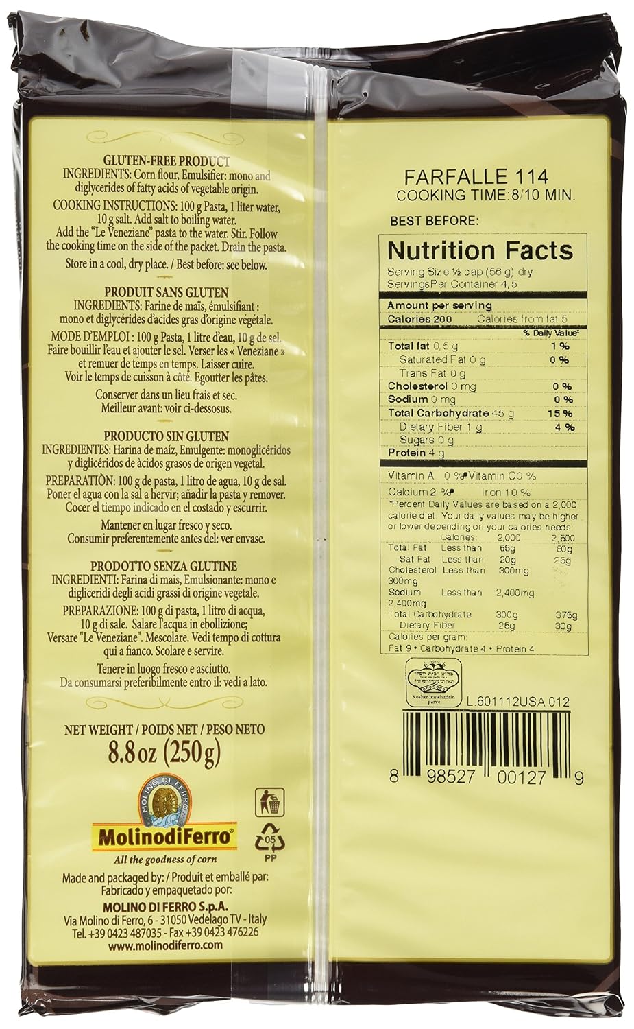 Le Veneziane - Italian Farfalle Pasta [Gluten-Free], (4)- 8.8 oz. Pkgs