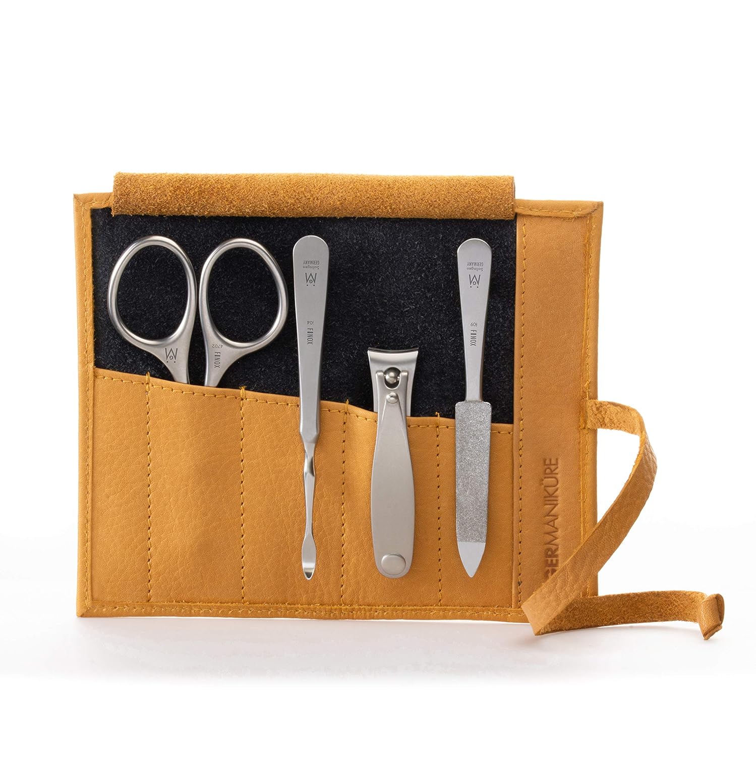 GERMANIKURE 4pc Manicure Nail Care Kit, Solingen Germany, Yellow Suede Roll