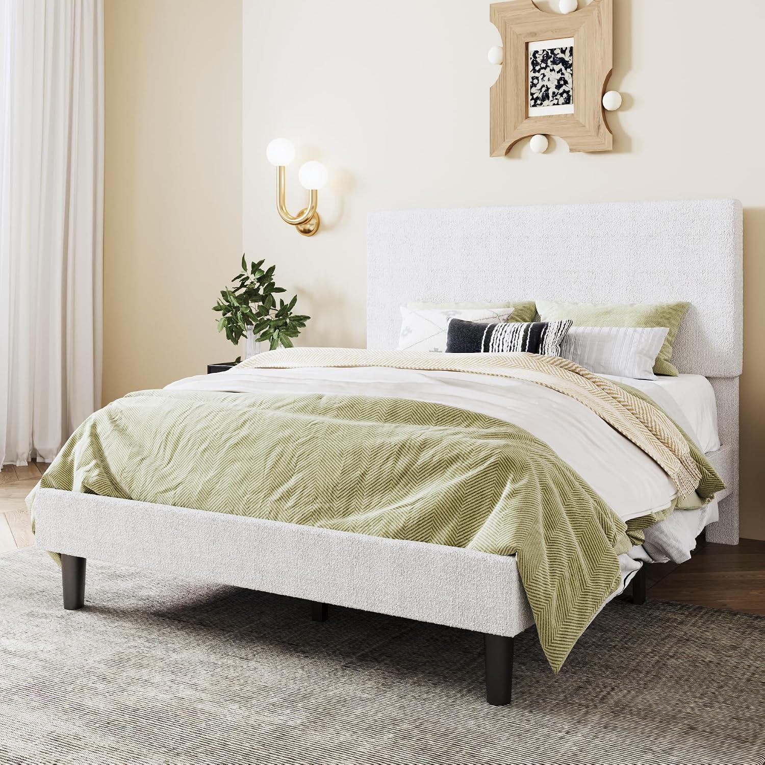 SHA CERLIN Boucle Upholstered Queen Size Bed Frame, White | Platform Bed with Adjustable Headboard, Wooden Slats Support, No Box Spring Needed, Noise-Free, Easy Assembly