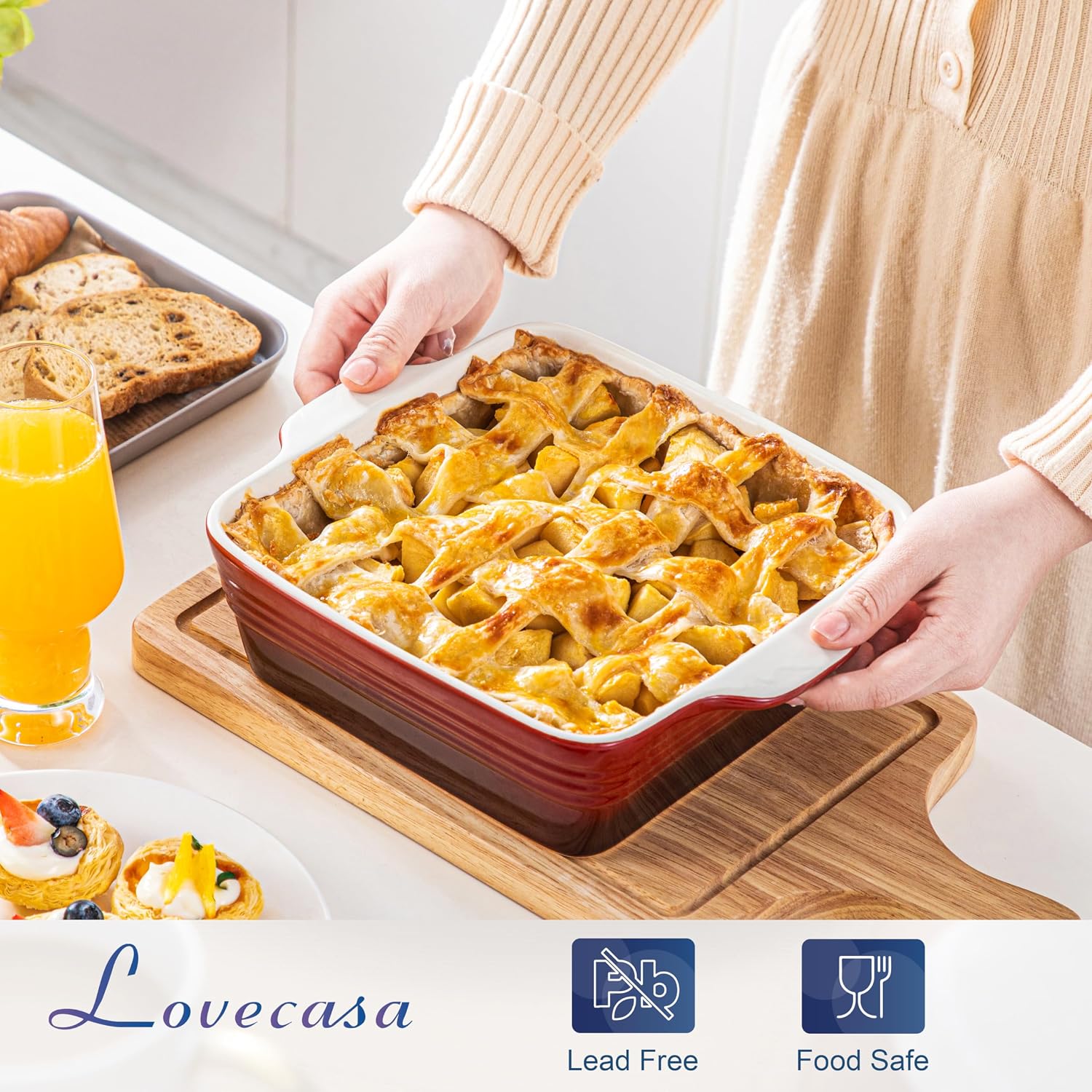 LOVECASA 8x8 inch Baking Pan, 2 Quart Square Cake Pan Baking Dish for Oven, Stoneware Brownie Pan Non-Stick, Casserole Baking Pan with Handle