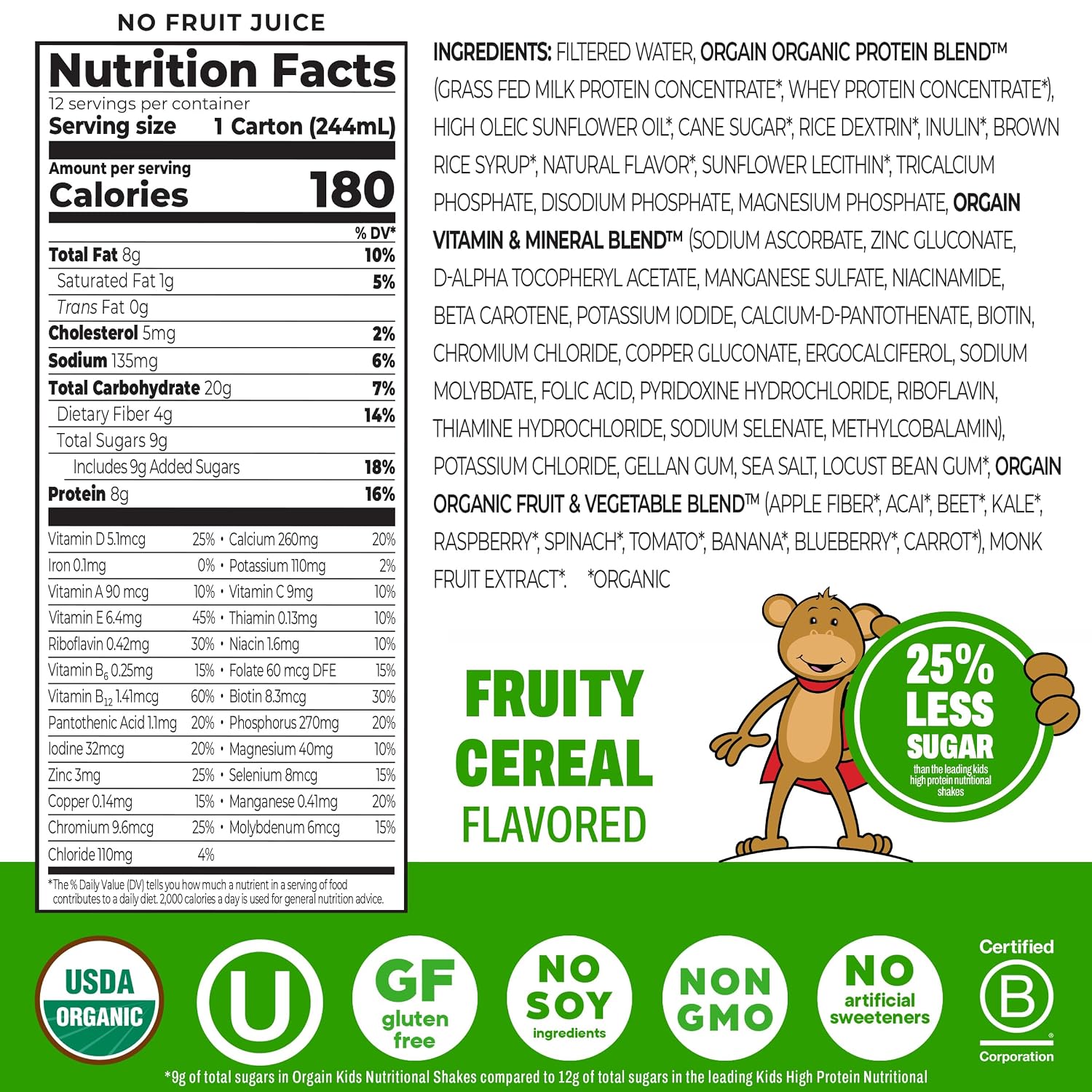 Orgain Organic Kids Dairy 8g Protein Shake, Chocolate, 8.25 oz, 12pk | Nutritional drink, grass-fed protein, 22 vitamins & minerals, 3g fiber, non-GMO, no soy, healthy snack for picky eaters