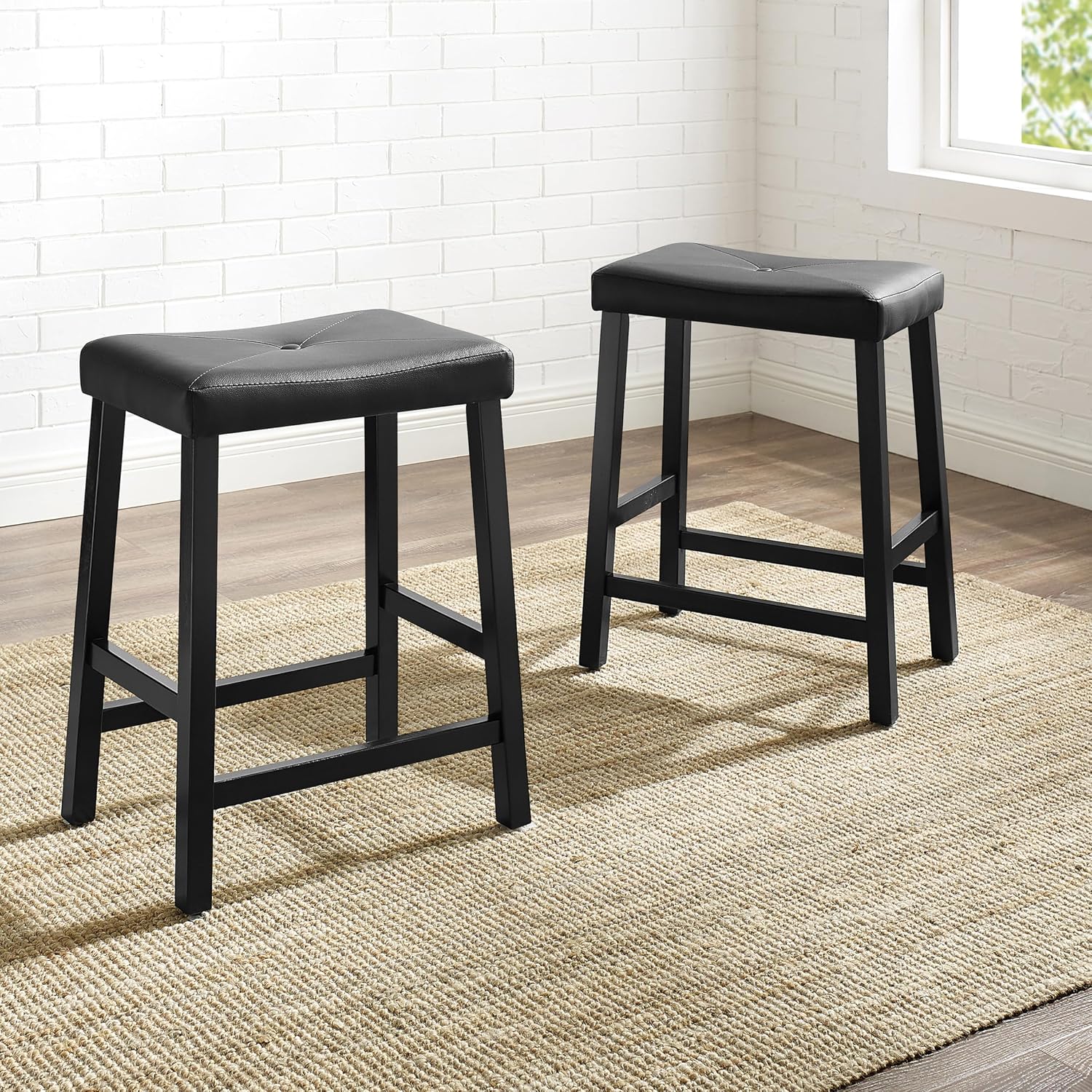Crosley Furniture Upholstered Saddle Seat Counter Height Bar Stools Set of 2, Black, 24-inch