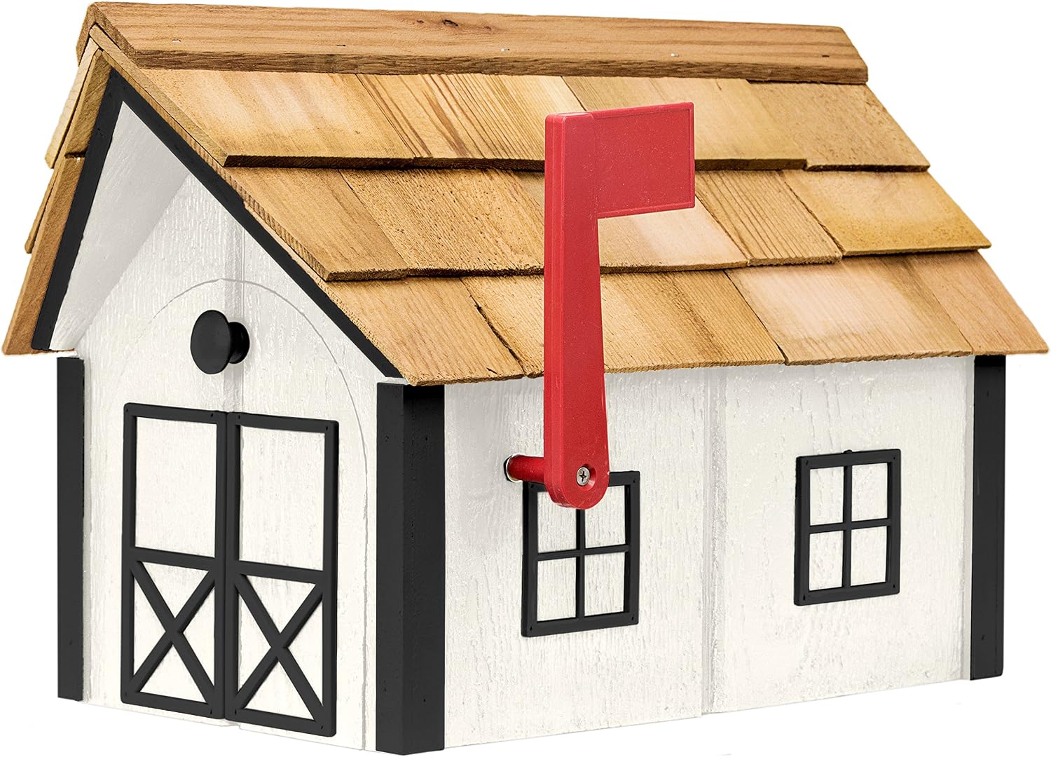Amish-Made Deluxe Post Mount Wooden Mailbox with Cedar Shingles (Chestnut with White Trim)