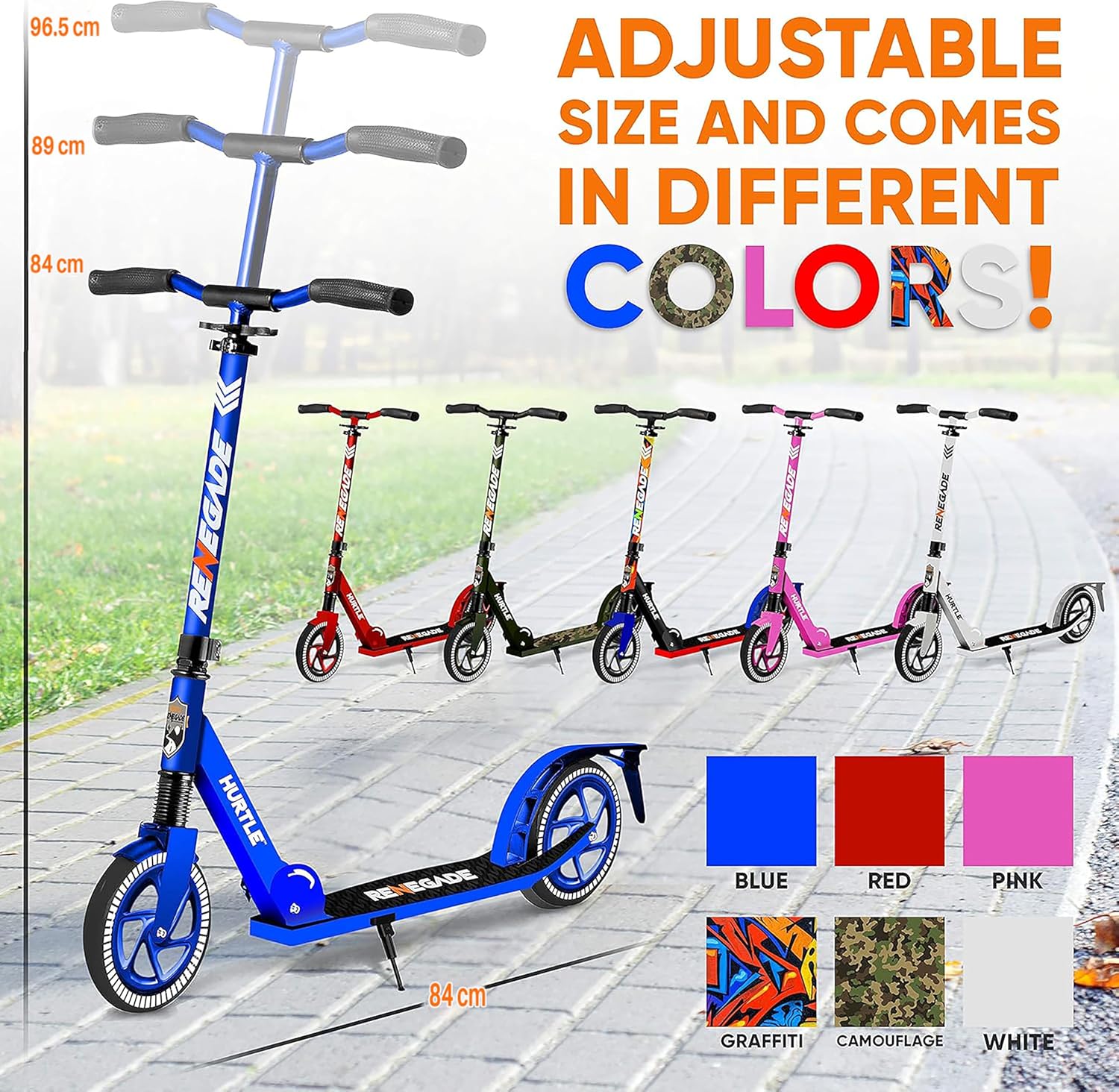 Hurtle Renegade Kick Scooter for Kids, Teenagers & Adults - 2-Wheel Folding Scooter with Adjustable T-Bar Handlebar - Alloy Anti-Slip Deck