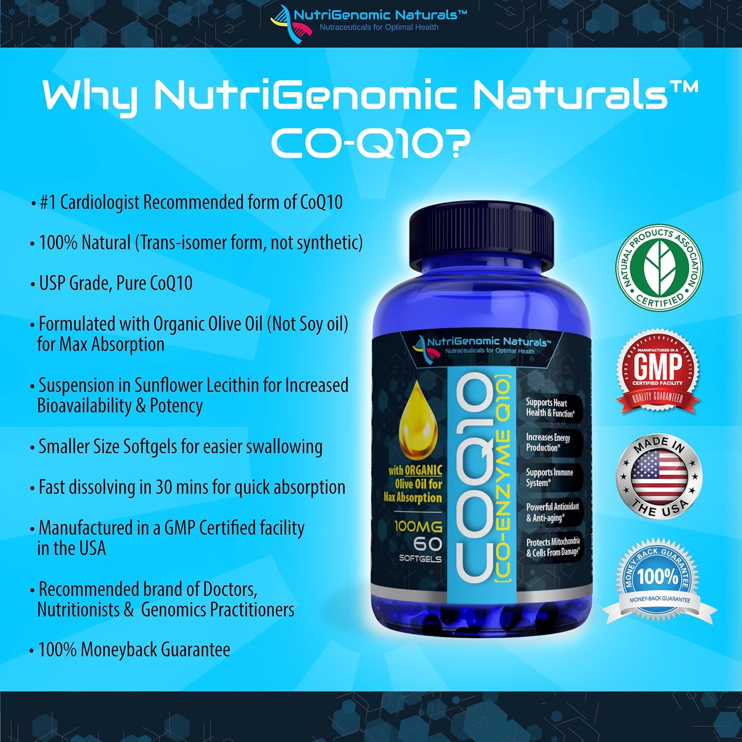 CoQ10, Coenzyme Q10, Highest Absorption with Organic Olive Oil, 100mg, 60 Softgels, Ubiquinone, Ubiquinol, Supports Heart Health. Pure, Natural