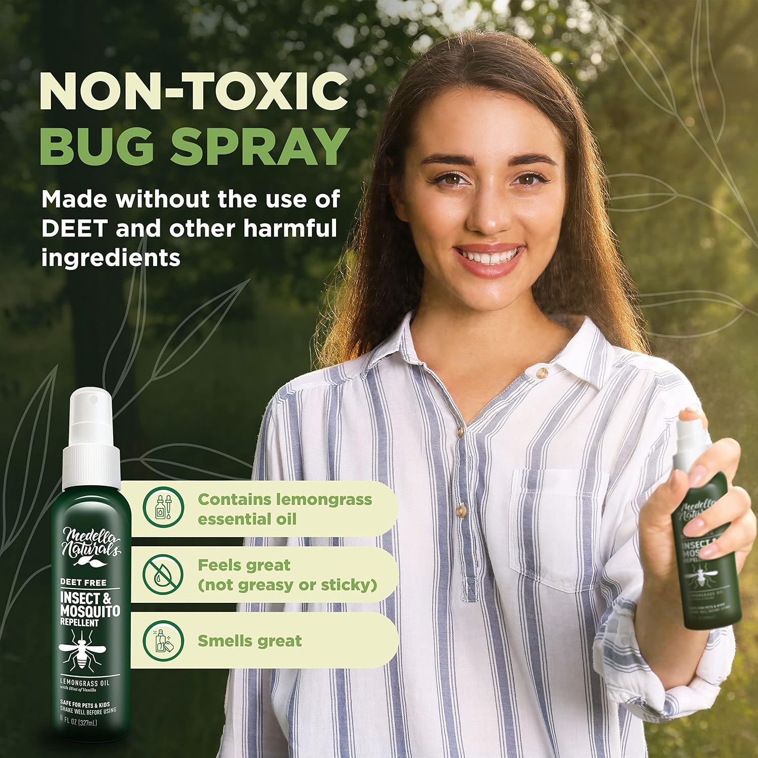 Deet-Free Insect & Mosquito Repellent – Nice Smelling, Pack of 2 (8 oz) | Insect Repellent with Lemongrass Oil Safe for Pets and Kids – Bug Spray for Mosquitoes, Gnats, Black Flies, and No-See-ums