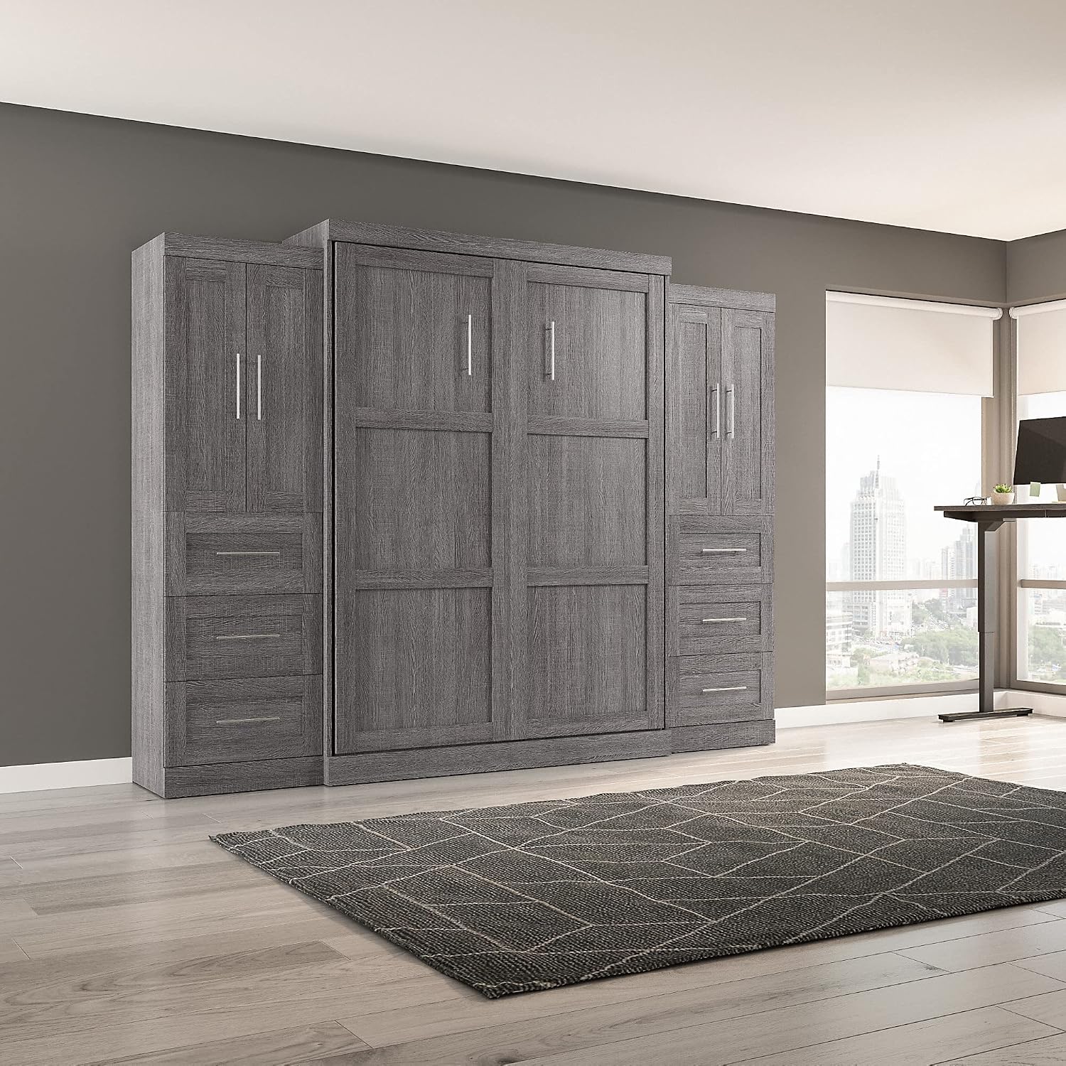 Bestar Pur Full Murphy Bed and 2 Shelving Units with Drawers, 109-inch Space-Saving Sleeping Arrangement in White | 2 Shelving Units with Drawers; supports up to 1000 lb; min. ceiling height 86.4 in.; dual piston mechanism; 10-year warranty