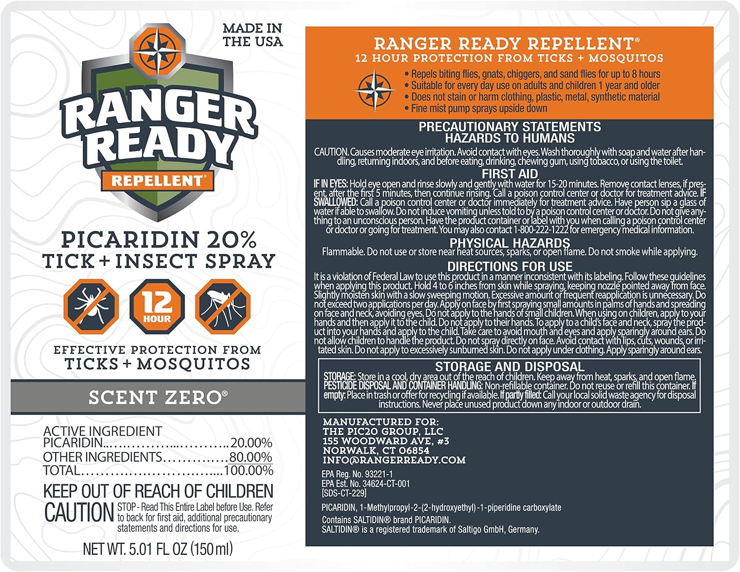 Ranger Ready Repellents Picaridin Insect Repellent Spray with Scent Zero - Mosquito Repellent and Tick Spray (8 oz., Pack of 1)