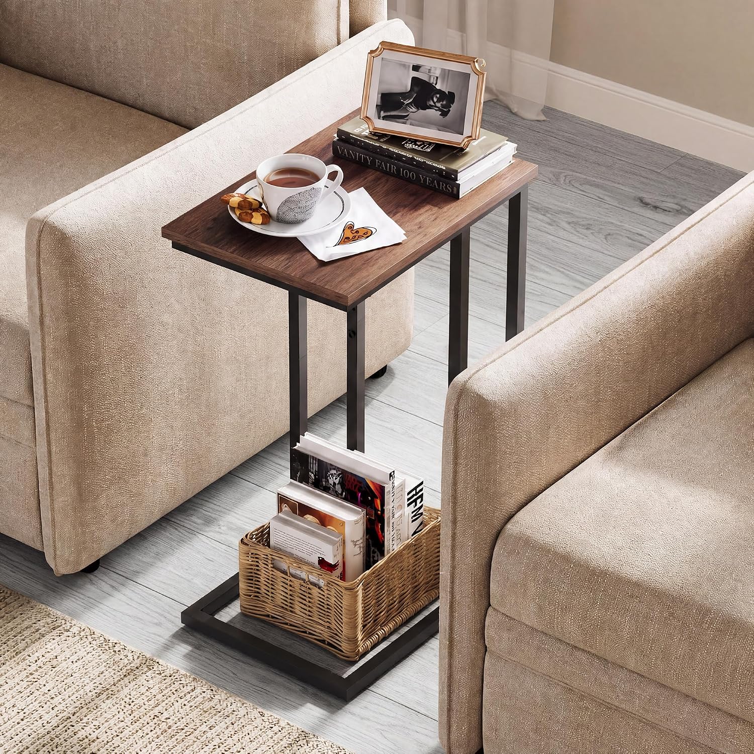 WLIVE C Shaped End Table, Small Side Tables for Sofa and Bed, Couch Table that Slides Under for Living Room, Bedroom, Home Office, Small Spaces