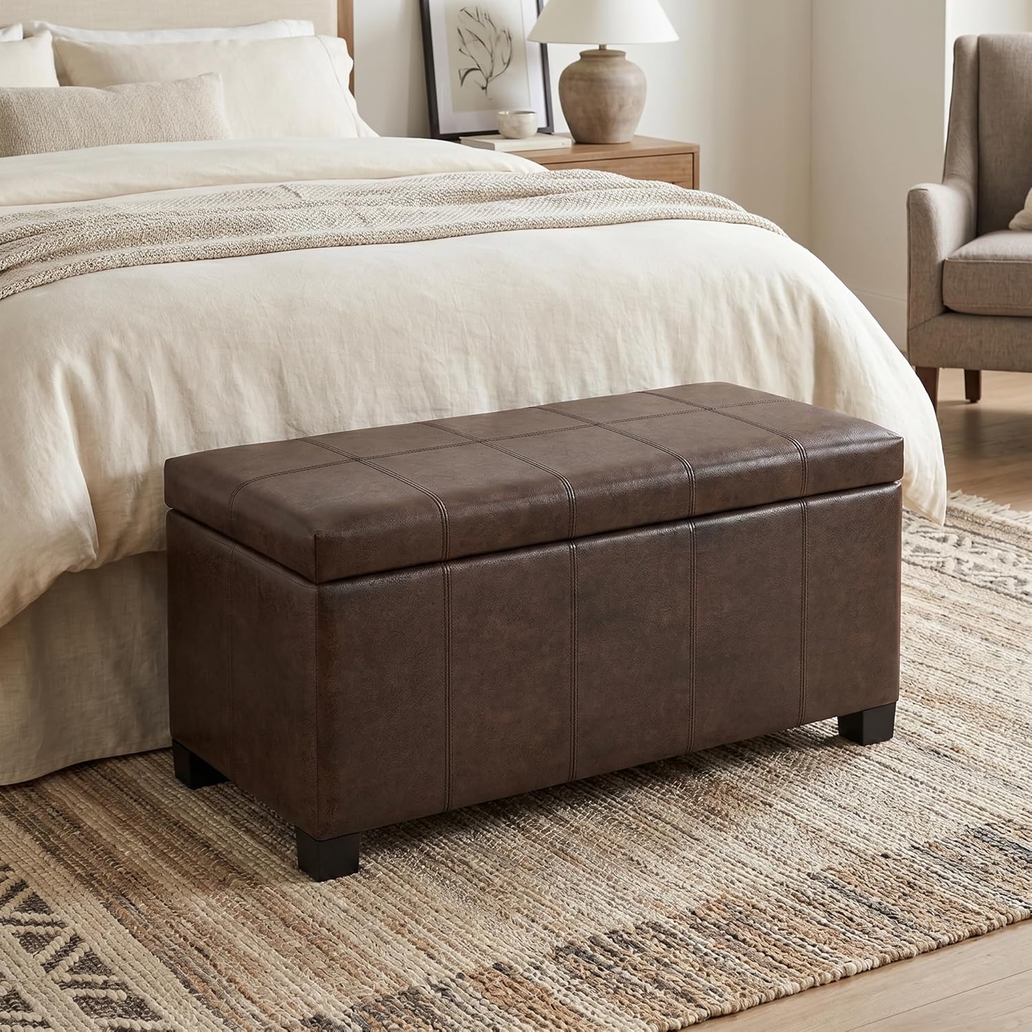 SIMPLIHOME Dover 36" Wide Vegan Leather Storage Ottoman in Midnight Black | Distressed umber brown, contemporary ottoman with lift-top and safety hinges; rectangle storage bench for living room.